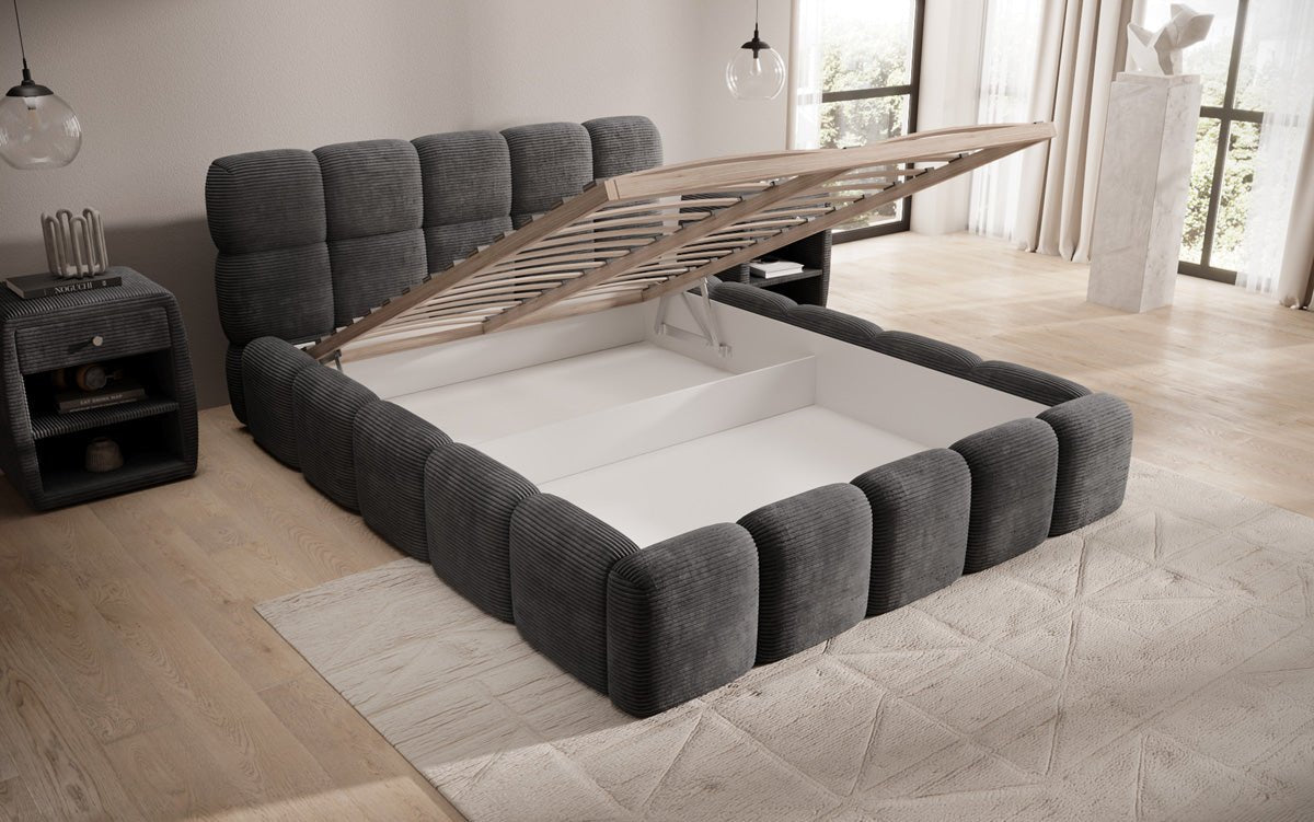 Designer polstret seng Noeva i cordfløjl med opbevaringsplads