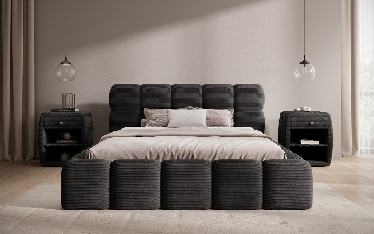 Designer polstret seng Noeva i cordfløjl med opbevaringsplads