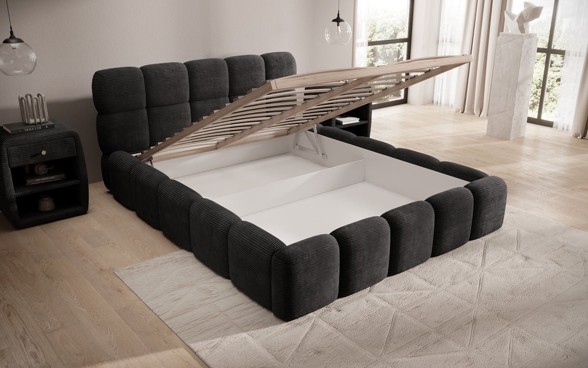 Designer polstret seng Noeva i cordfløjl med opbevaringsplads