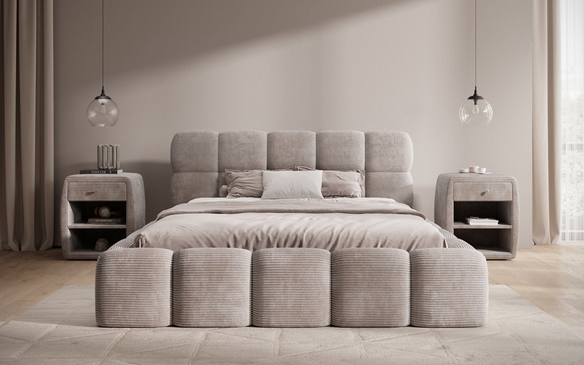 Designer polstret seng Noeva i cordfløjl med opbevaringsplads