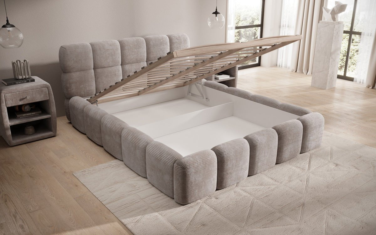 Designer polstret seng Noeva i cordfløjl med opbevaringsplads