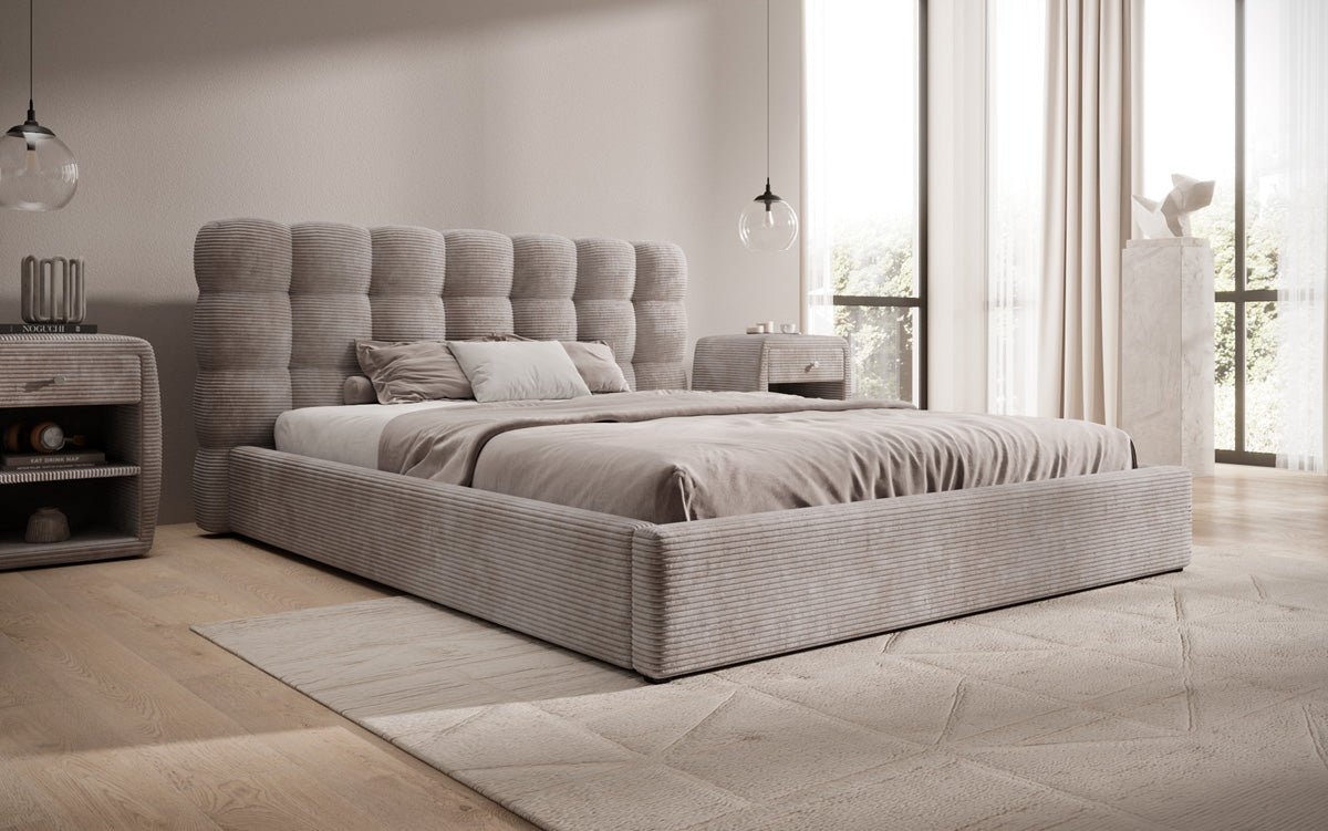 Designer polstret seng Calivo i cordfløjl med opbevaringsplads