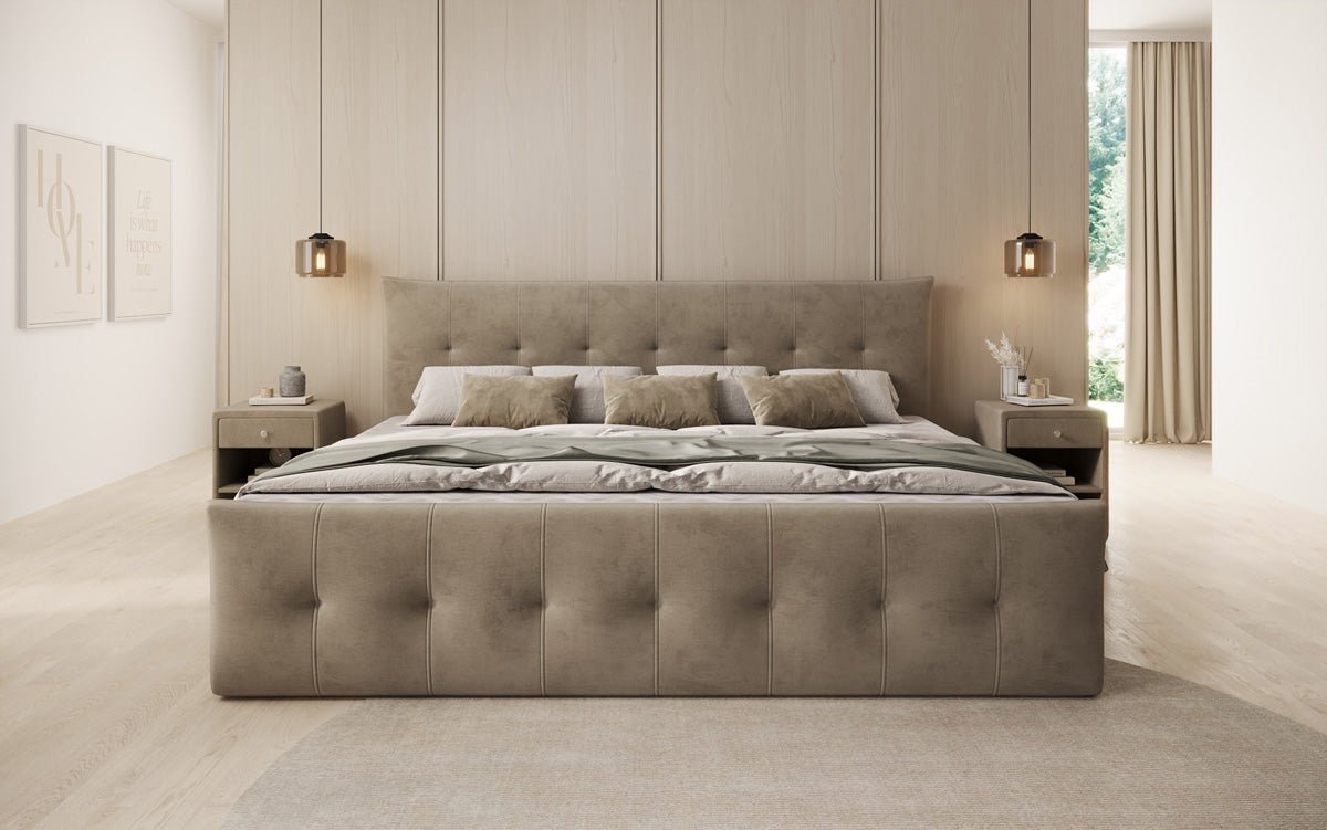 Familien Kontinentalseng Valenza – 220/240x200 med opbevaring i velour