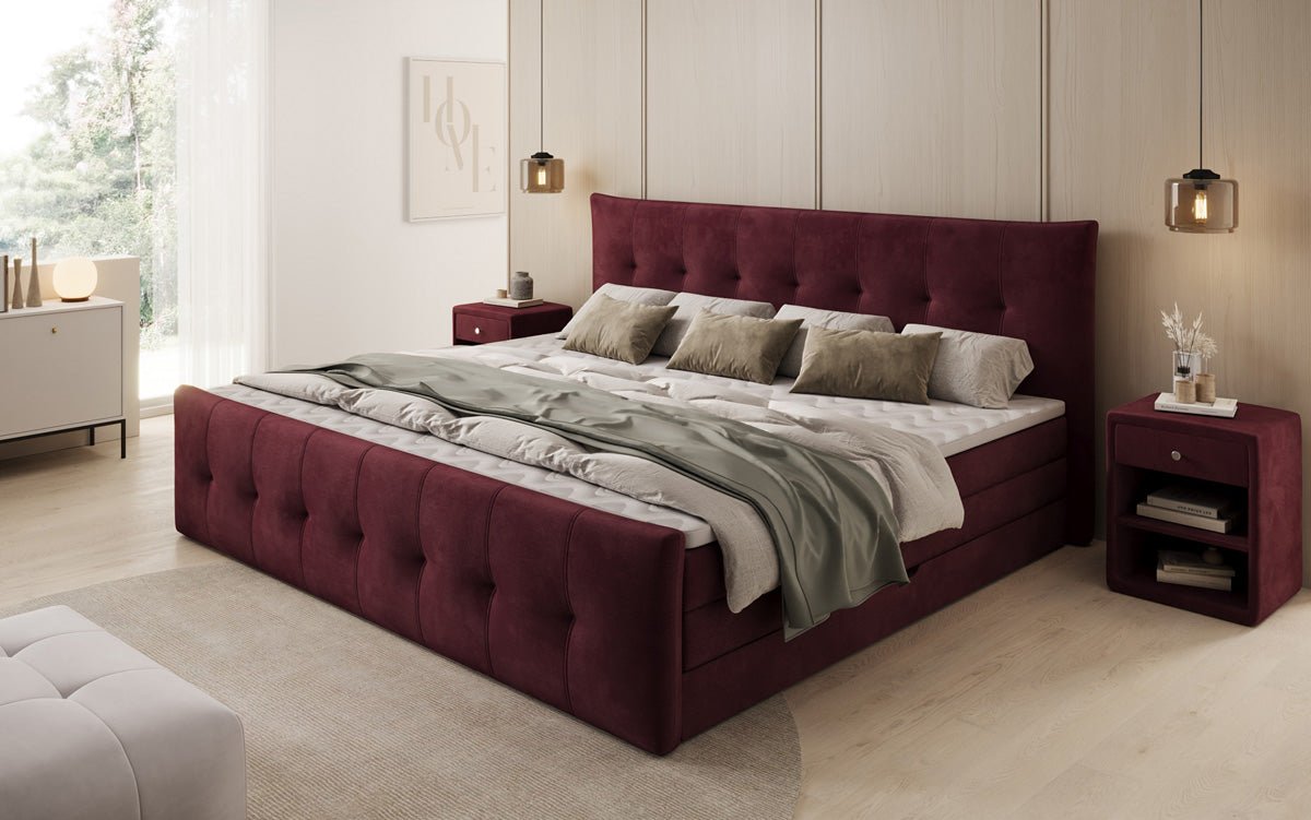 Familien Kontinentalseng Valenza – 220/240x200 med opbevaring i velour