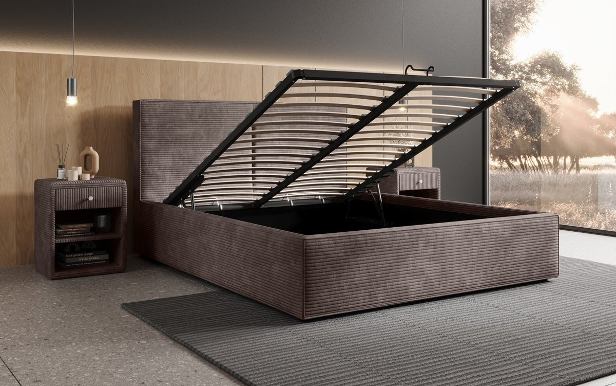 Designer upholstered bed Elara in corduroy with storage