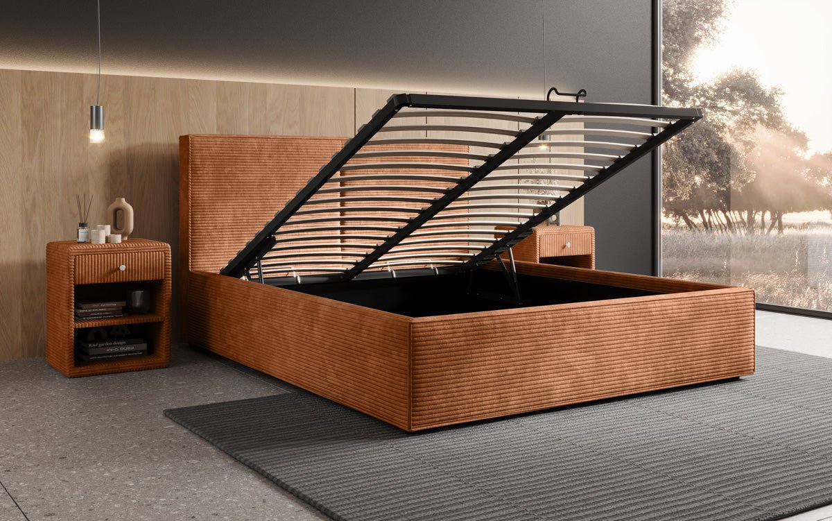 Designer upholstered bed Elara in corduroy with storage