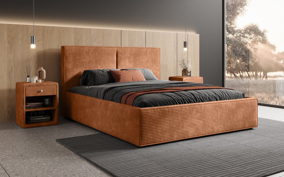 Designer upholstered bed Elara in corduroy with storage