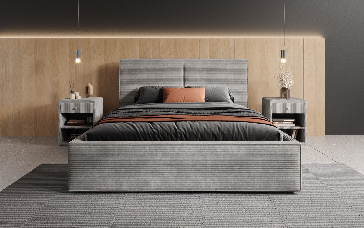 Designer upholstered bed Elara in corduroy with storage