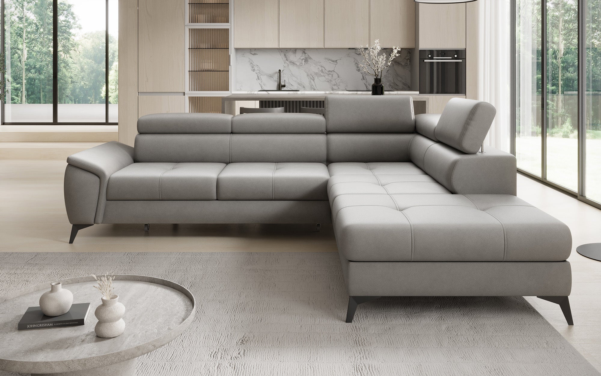Designer L Sofa Aveline med sovefunktion og opbevaringsplads i ægte læder