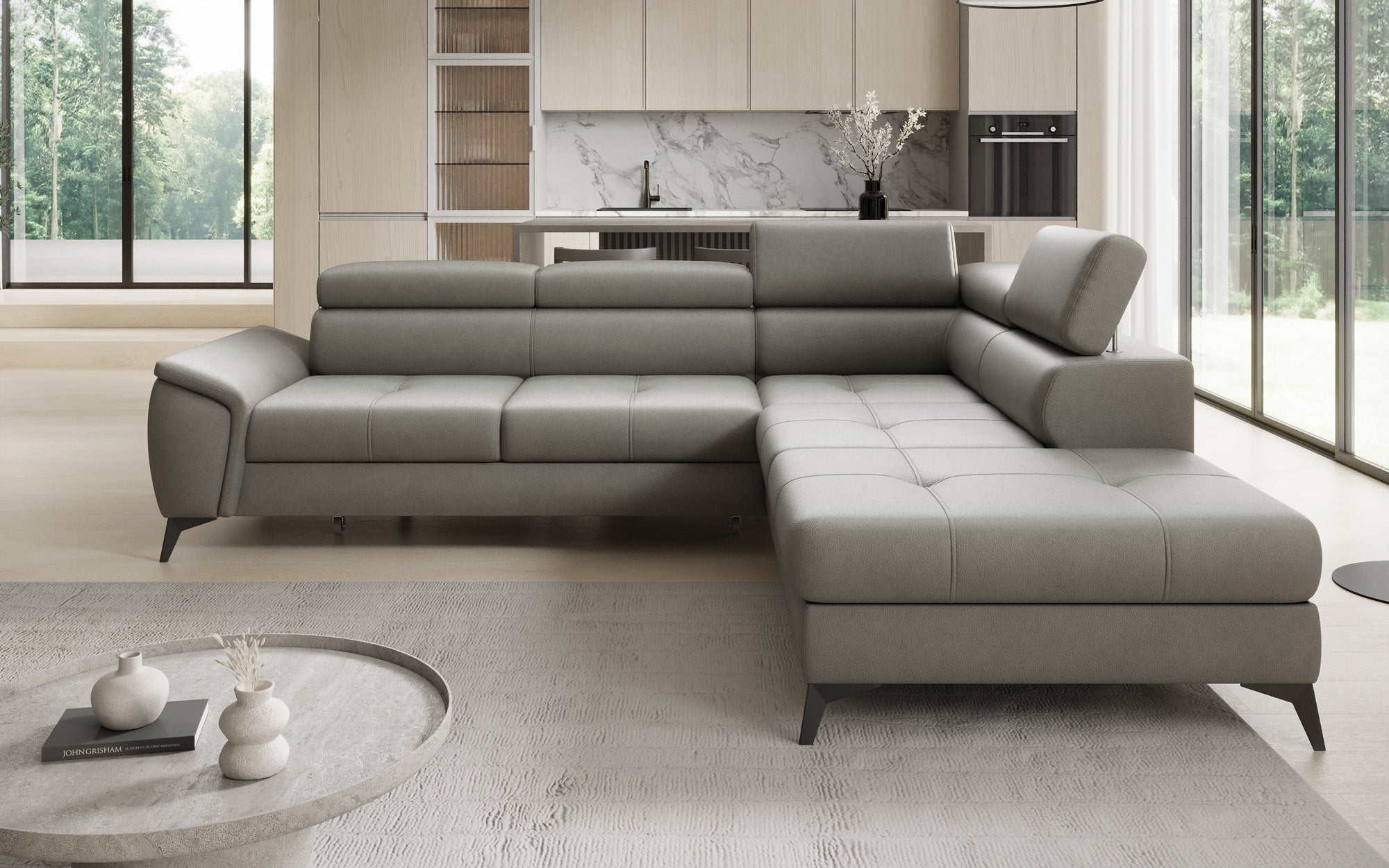 Designer L Sofa Aveline med sovefunktion og opbevaringsplads i ægte læder