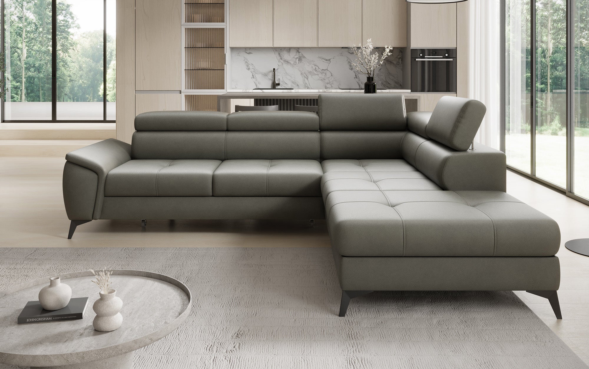 Designer L Sofa Aveline med sovefunktion og opbevaringsplads i ægte læder