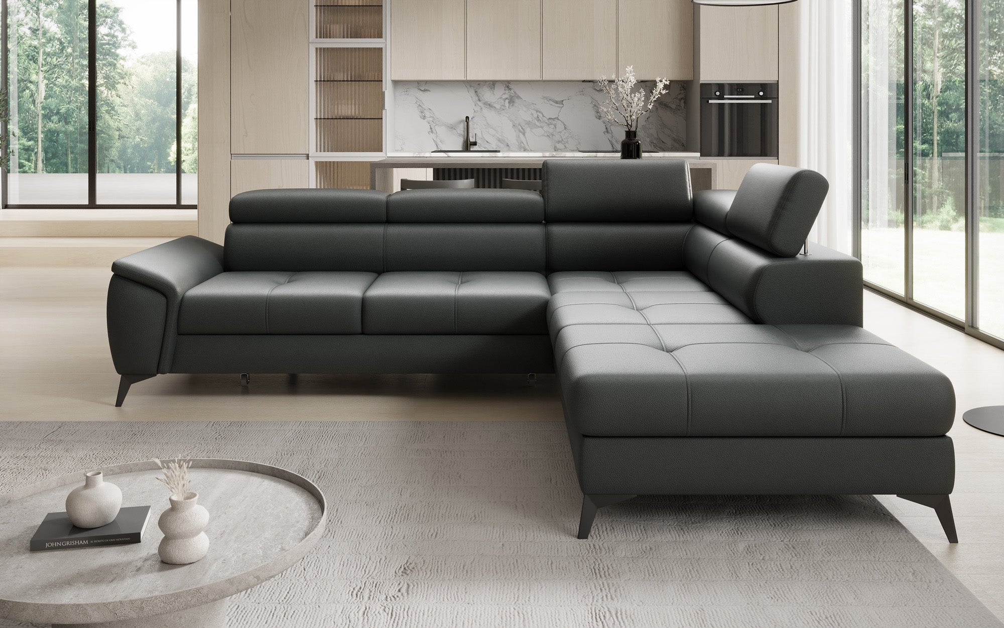 Designer L Sofa Aveline med sovefunktion og opbevaringsplads i ægte læder