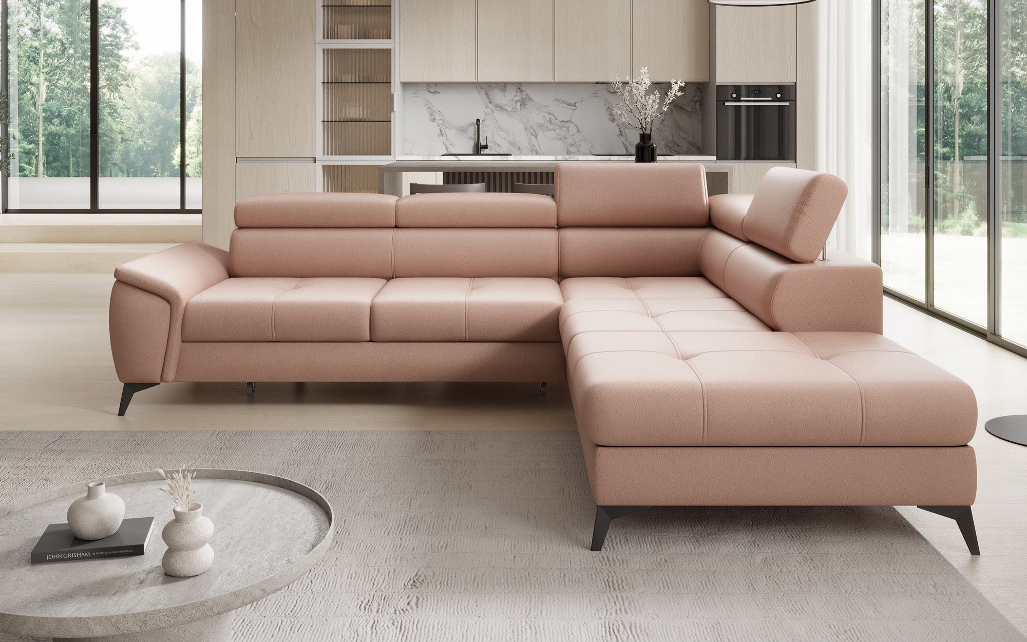 Designer L Sofa Aveline med sovefunktion og opbevaringsplads i ægte læder