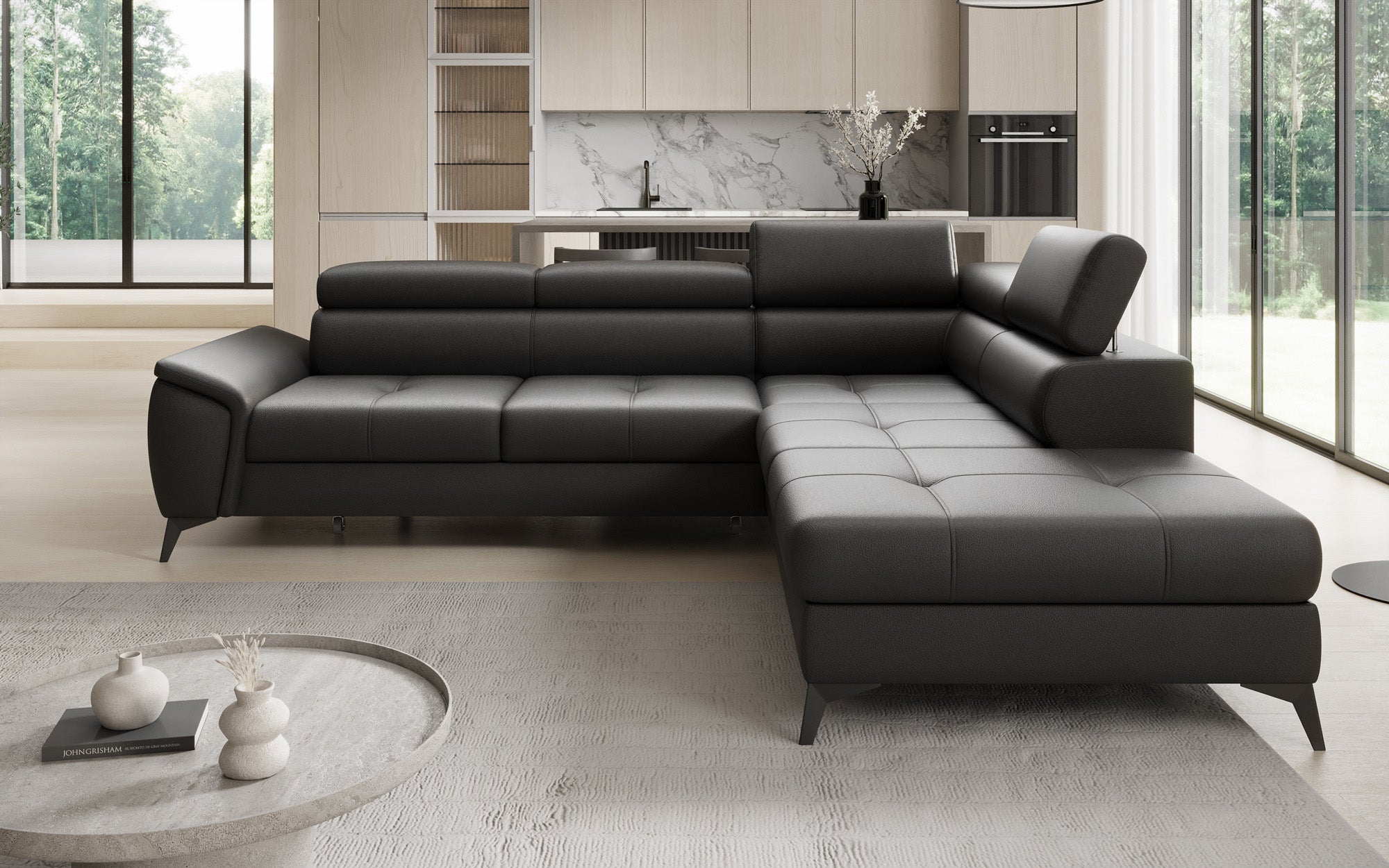 Designer L Sofa Aveline med sovefunktion og opbevaringsplads i ægte læder