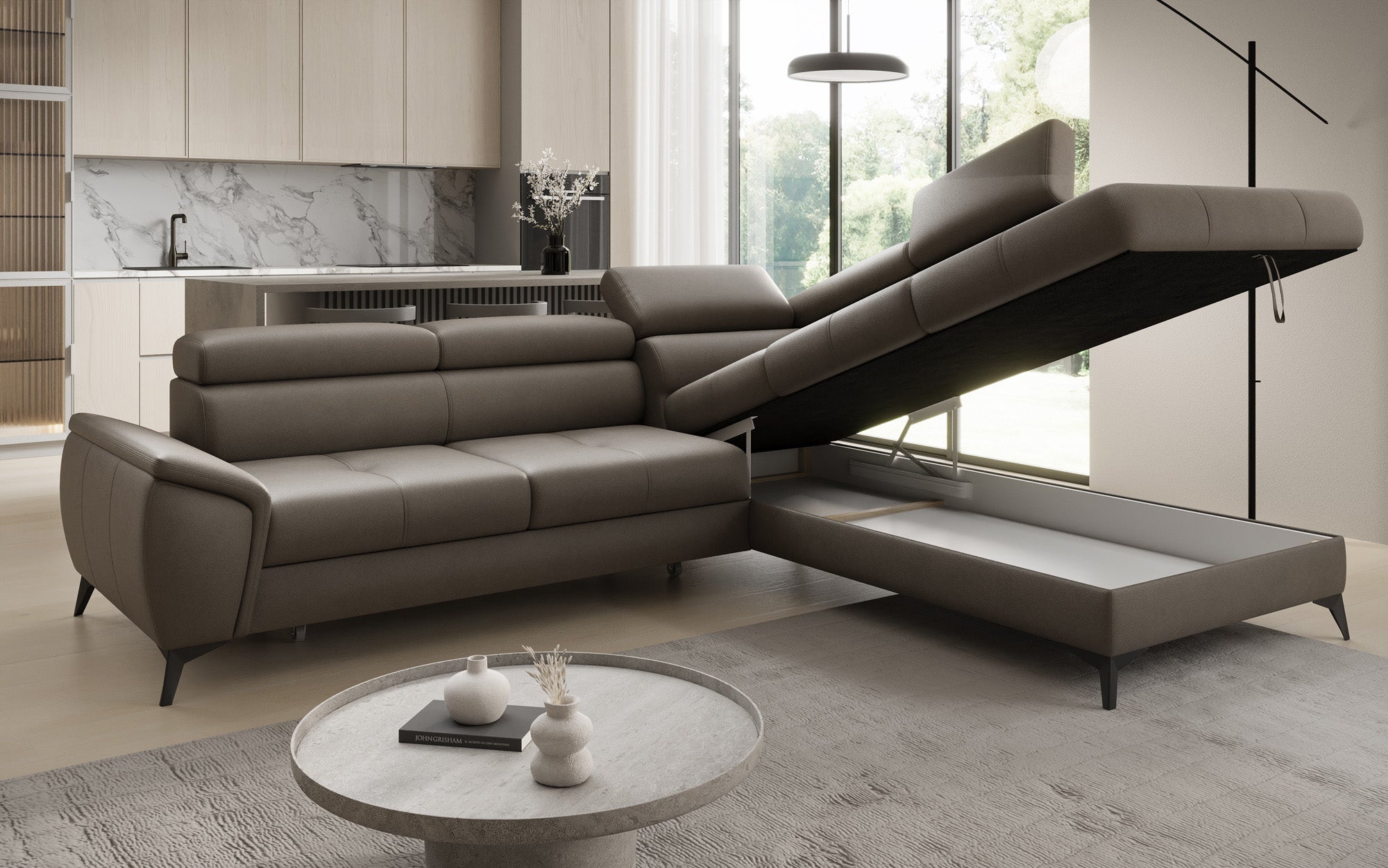 Designer L Sofa Aveline med sovefunktion og opbevaringsplads i ægte læder