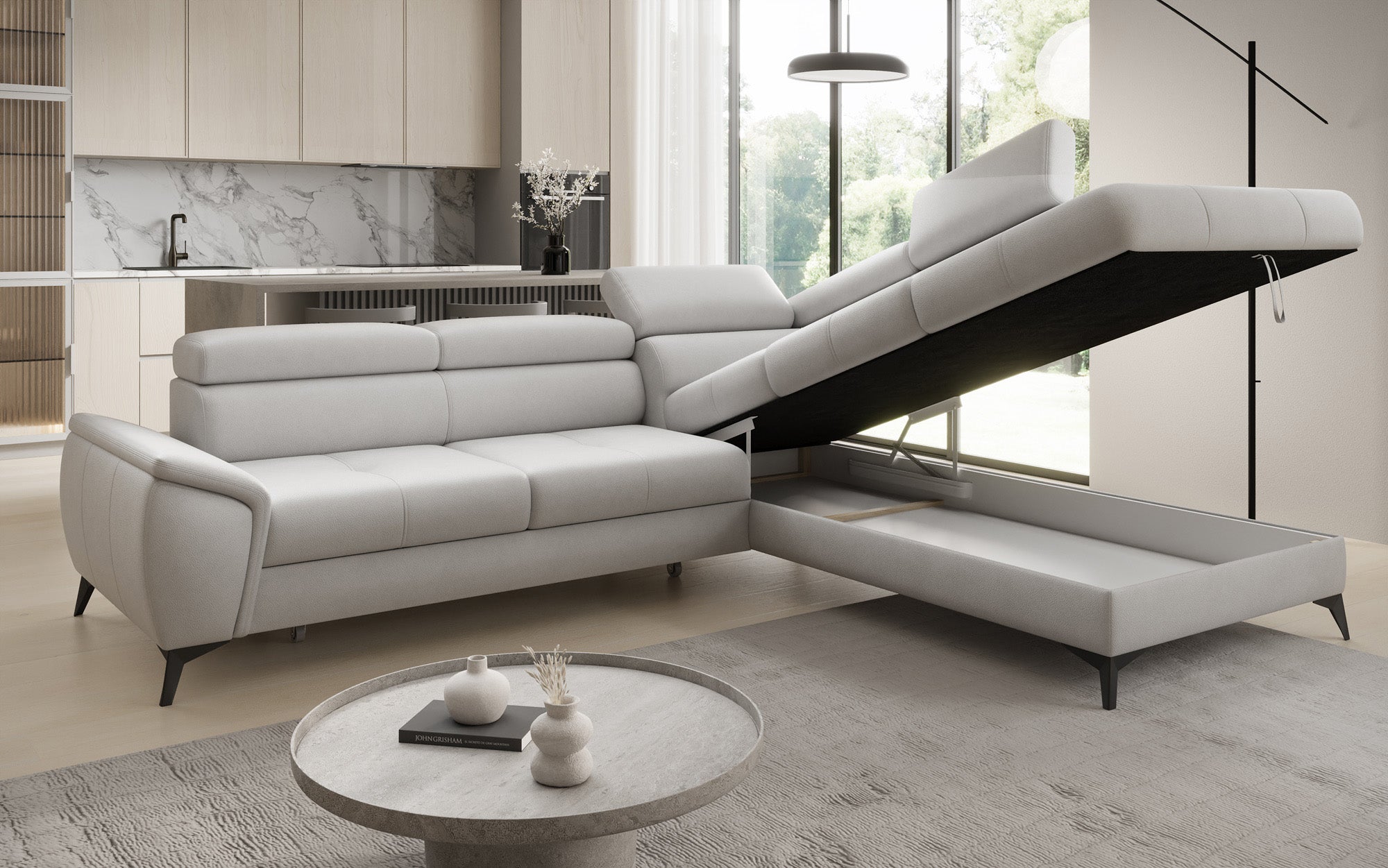 Designer L Sofa Aveline med sovefunktion og opbevaringsplads i ægte læder