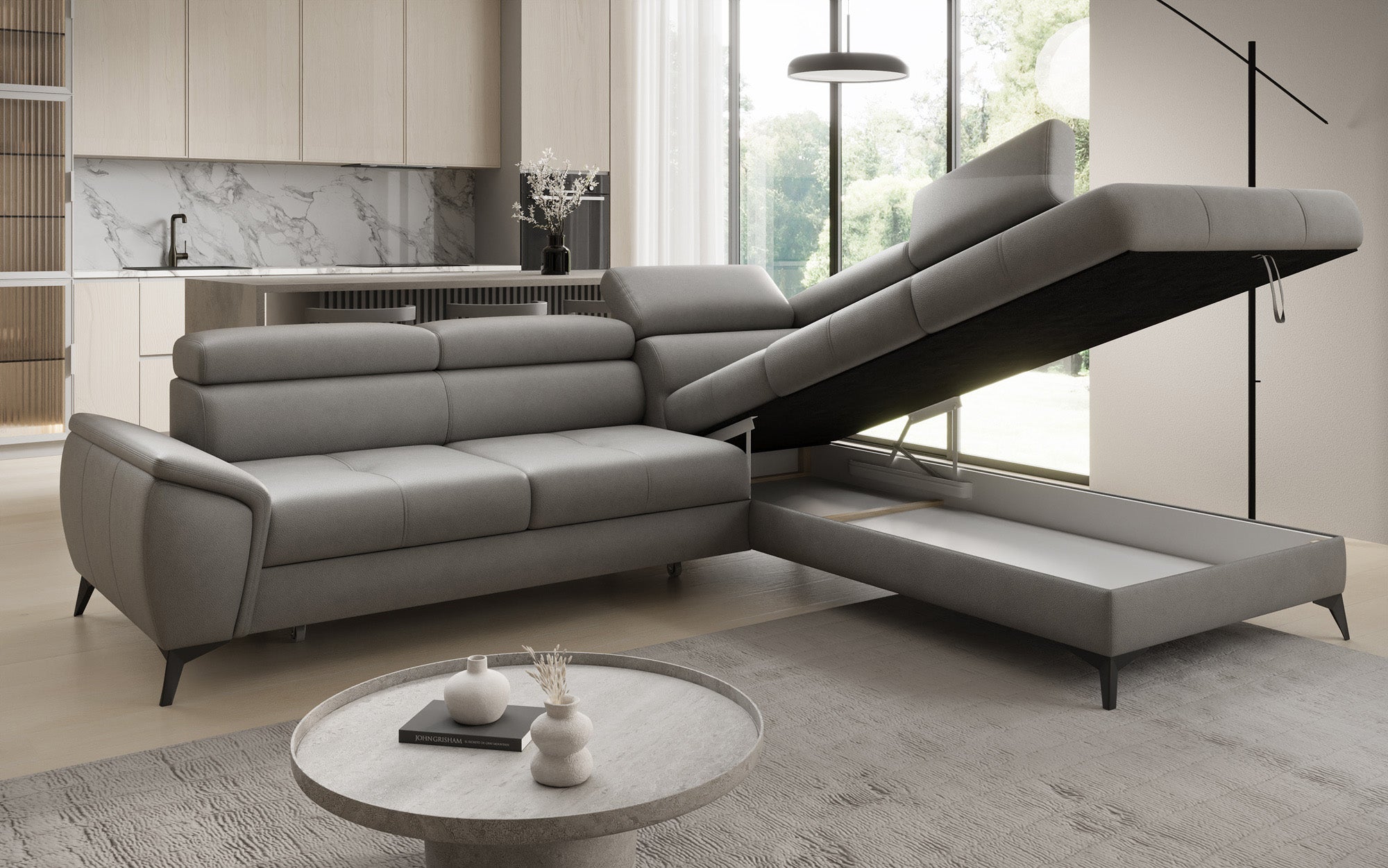 Designer L Sofa Aveline med sovefunktion og opbevaringsplads i ægte læder