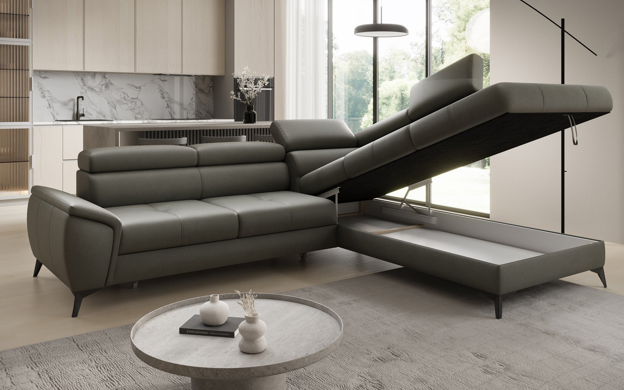 Designer L Sofa Aveline med sovefunktion og opbevaringsplads i ægte læder