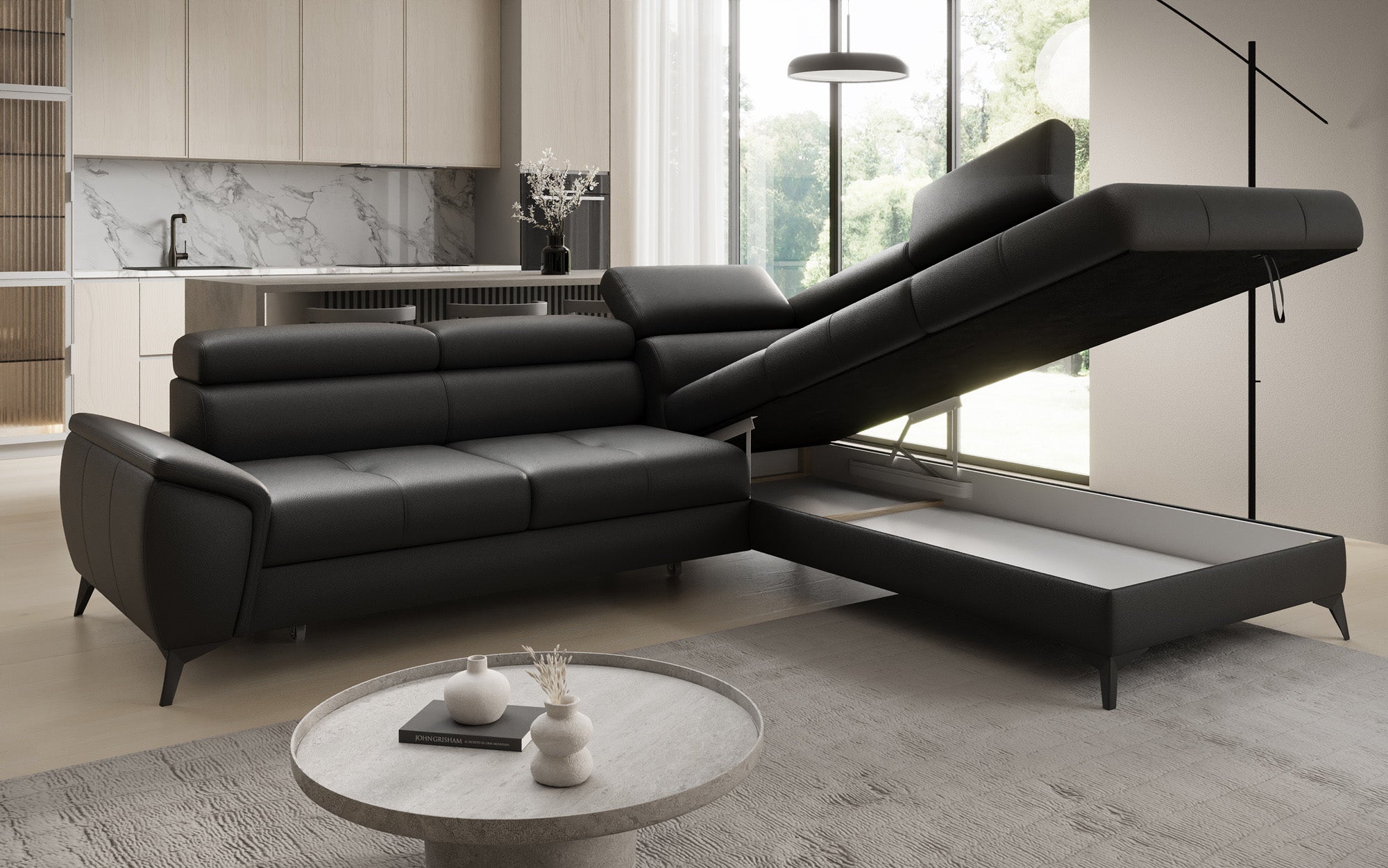 Designer L Sofa Aveline med sovefunktion og opbevaringsplads i ægte læder