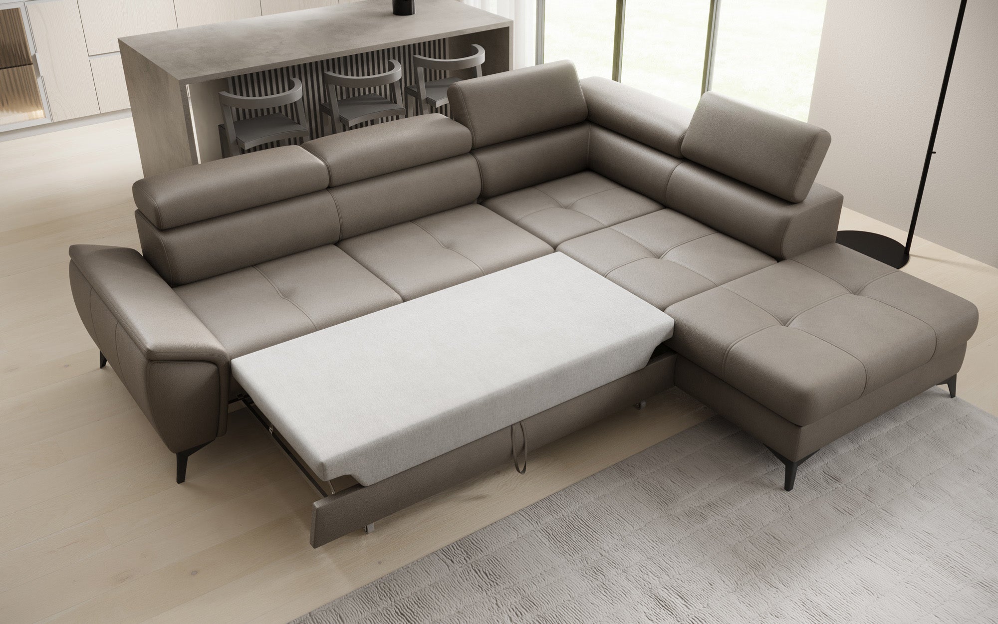 Designer L Sofa Aveline med sovefunktion og opbevaringsplads i ægte læder
