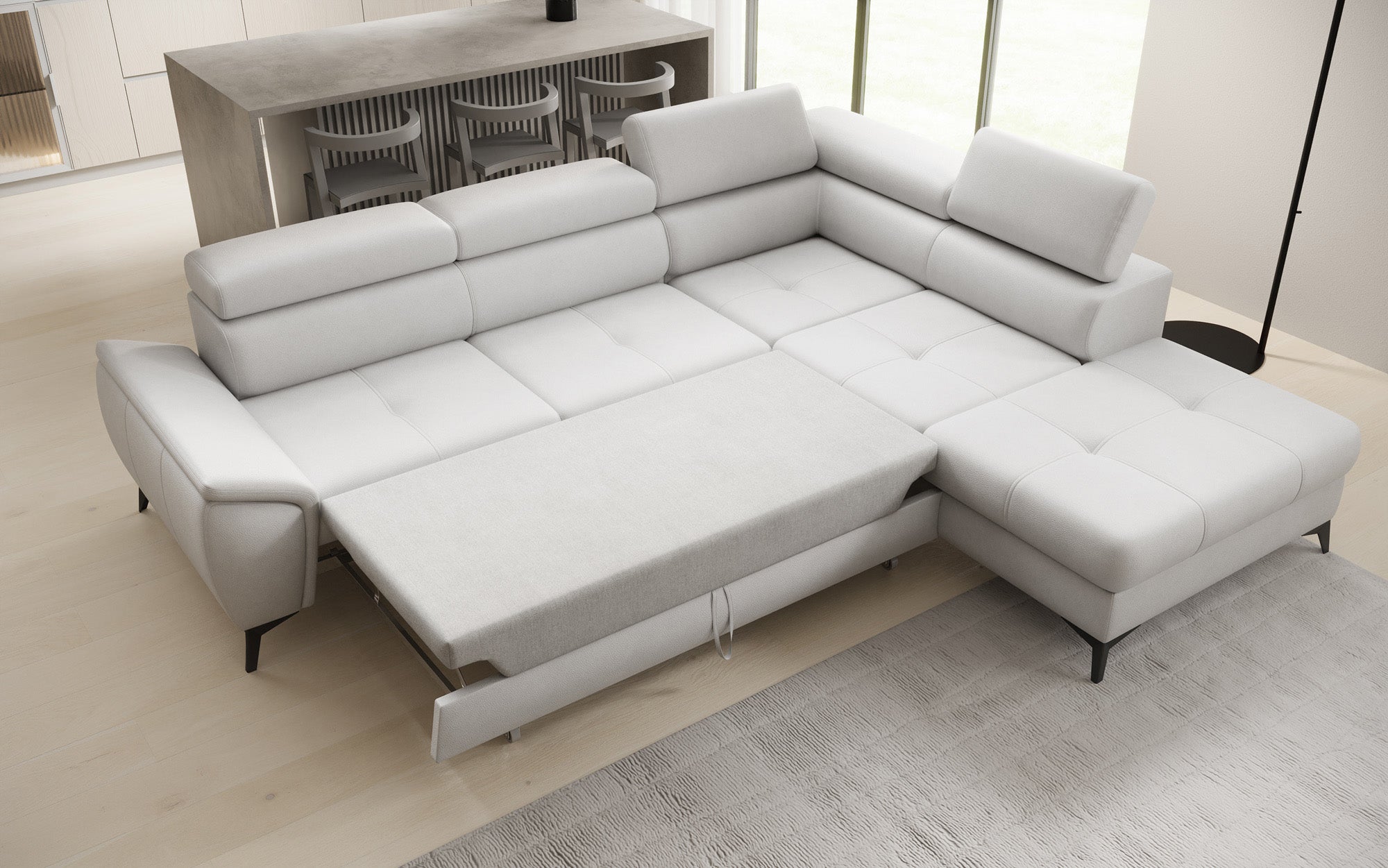 Designer L Sofa Aveline med sovefunktion og opbevaringsplads i ægte læder