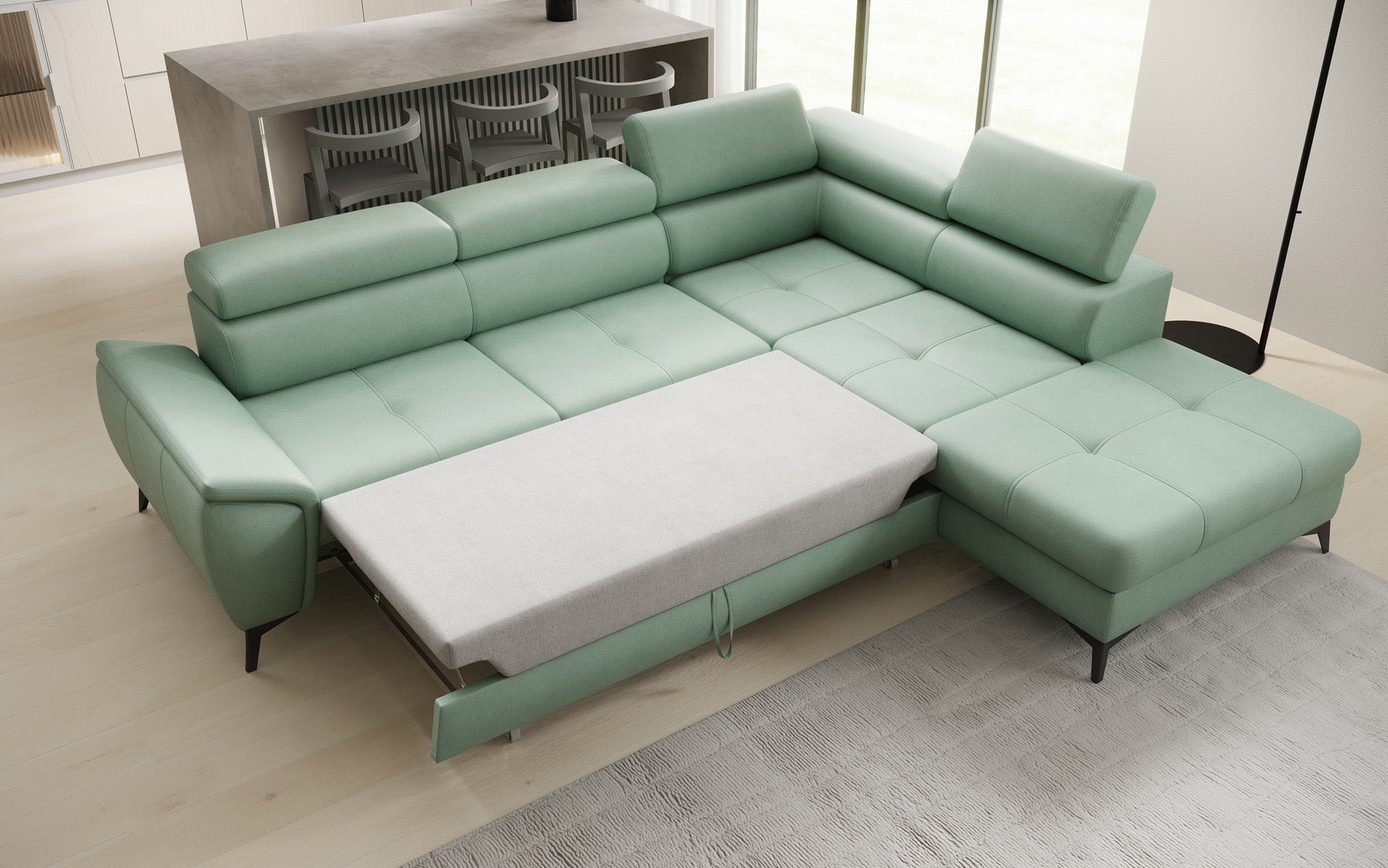 Designer L Sofa Aveline med sovefunktion og opbevaringsplads i ægte læder