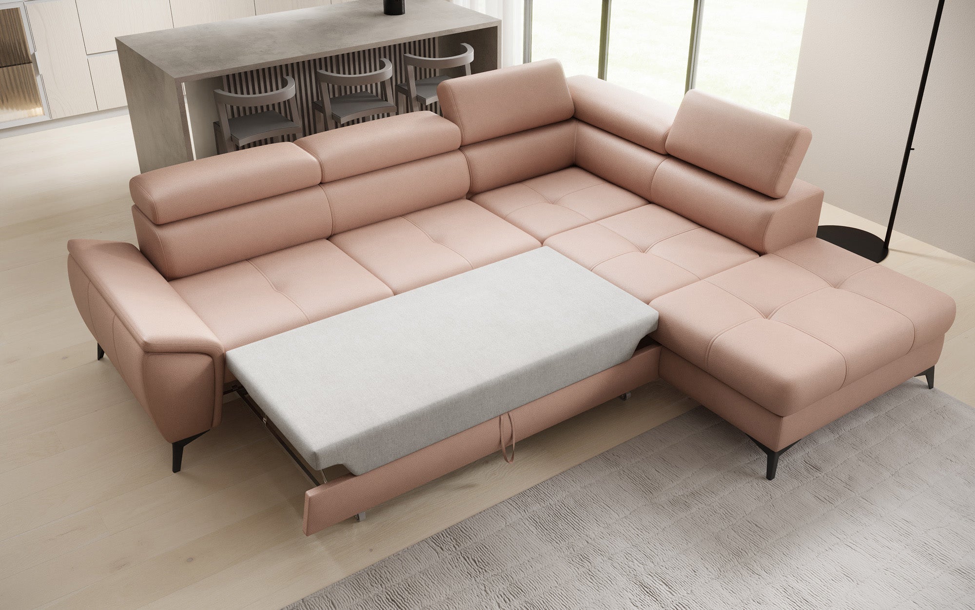Designer L Sofa Aveline med sovefunktion og opbevaringsplads i ægte læder