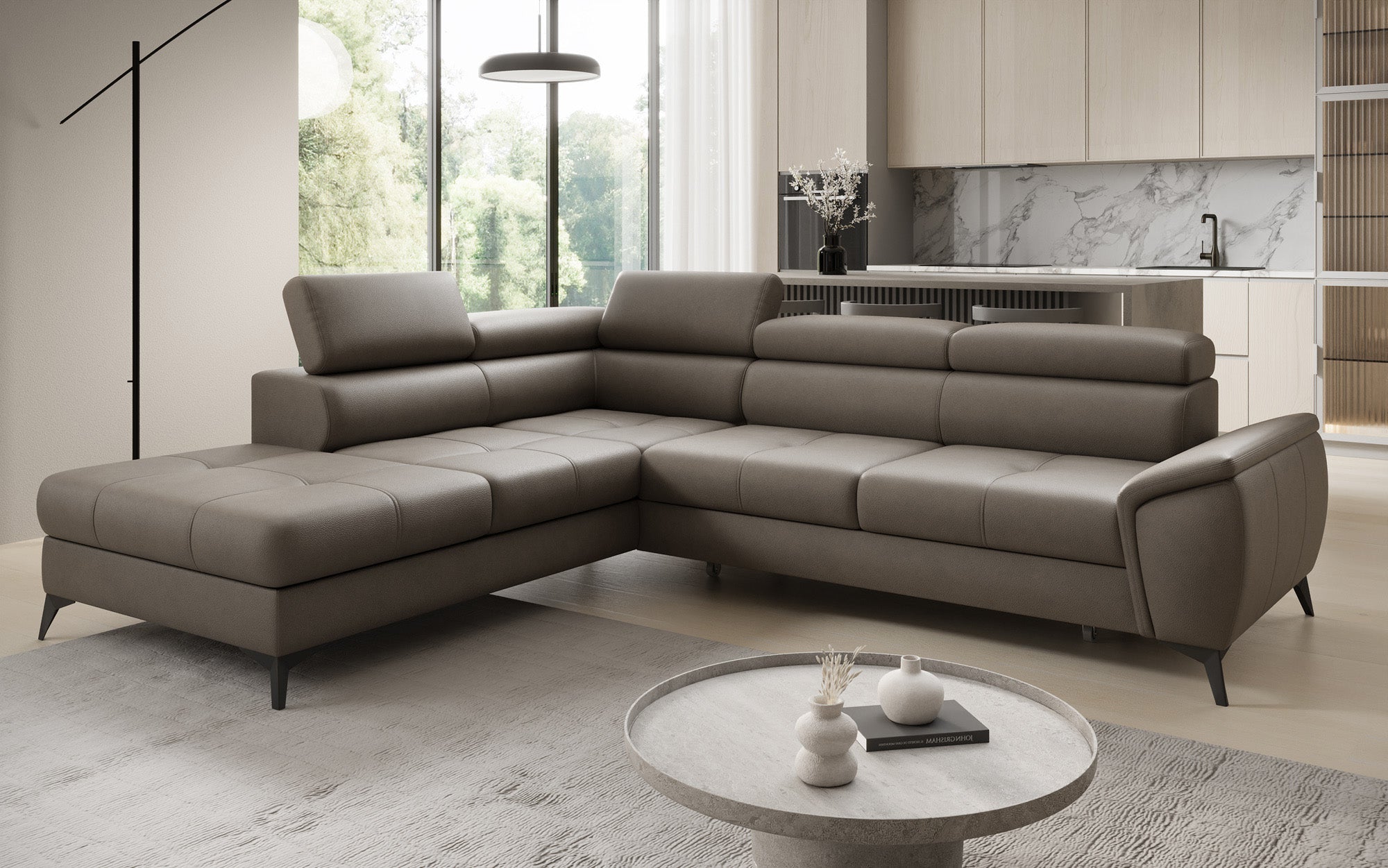 Designer L Sofa Aveline med sovefunktion og opbevaringsplads i ægte læder