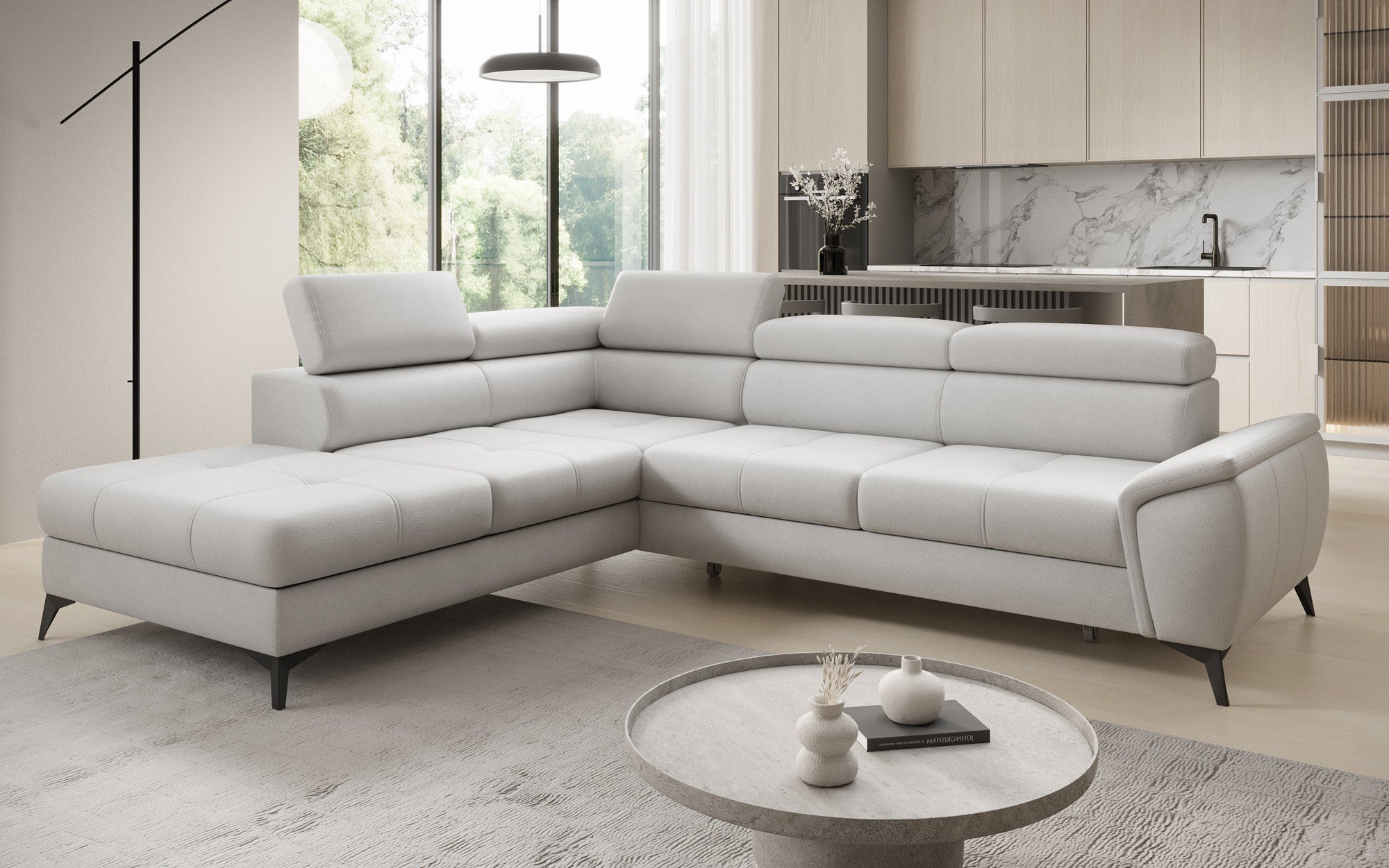 Designer L Sofa Aveline med sovefunktion og opbevaringsplads i ægte læder