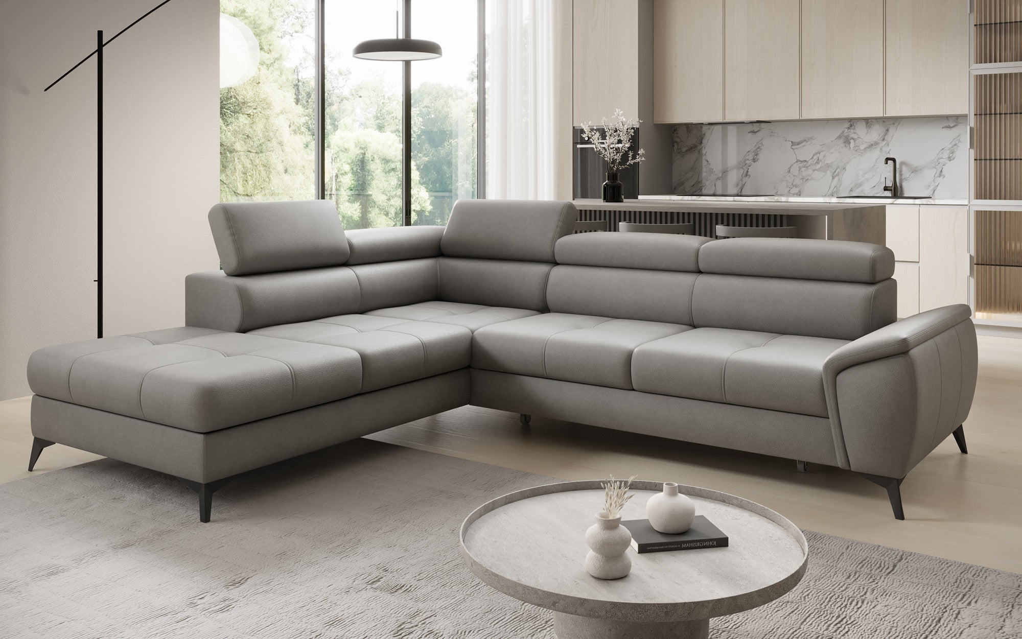 Designer L Sofa Aveline med sovefunktion og opbevaringsplads i ægte læder