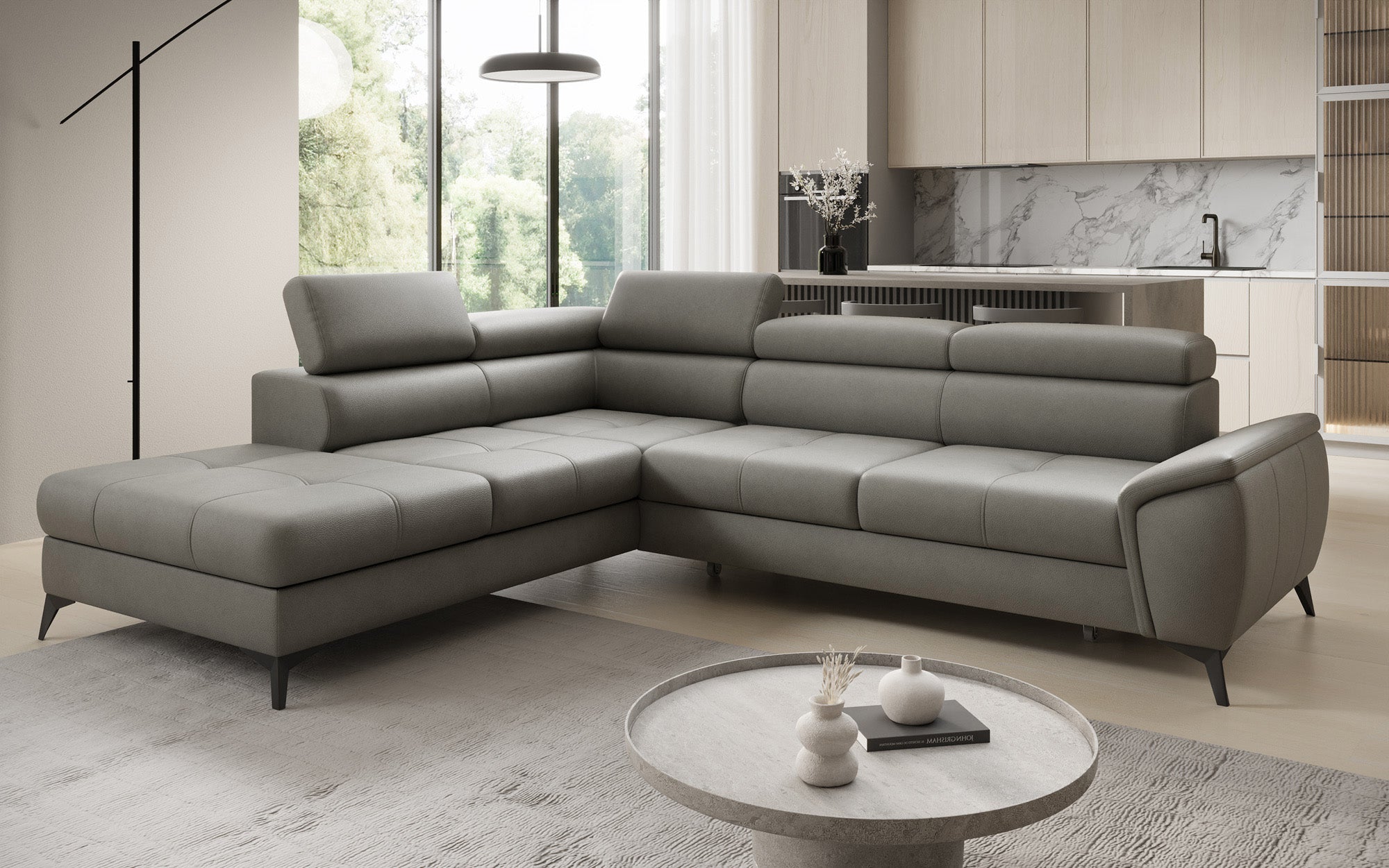 Designer L Sofa Aveline med sovefunktion og opbevaringsplads i ægte læder