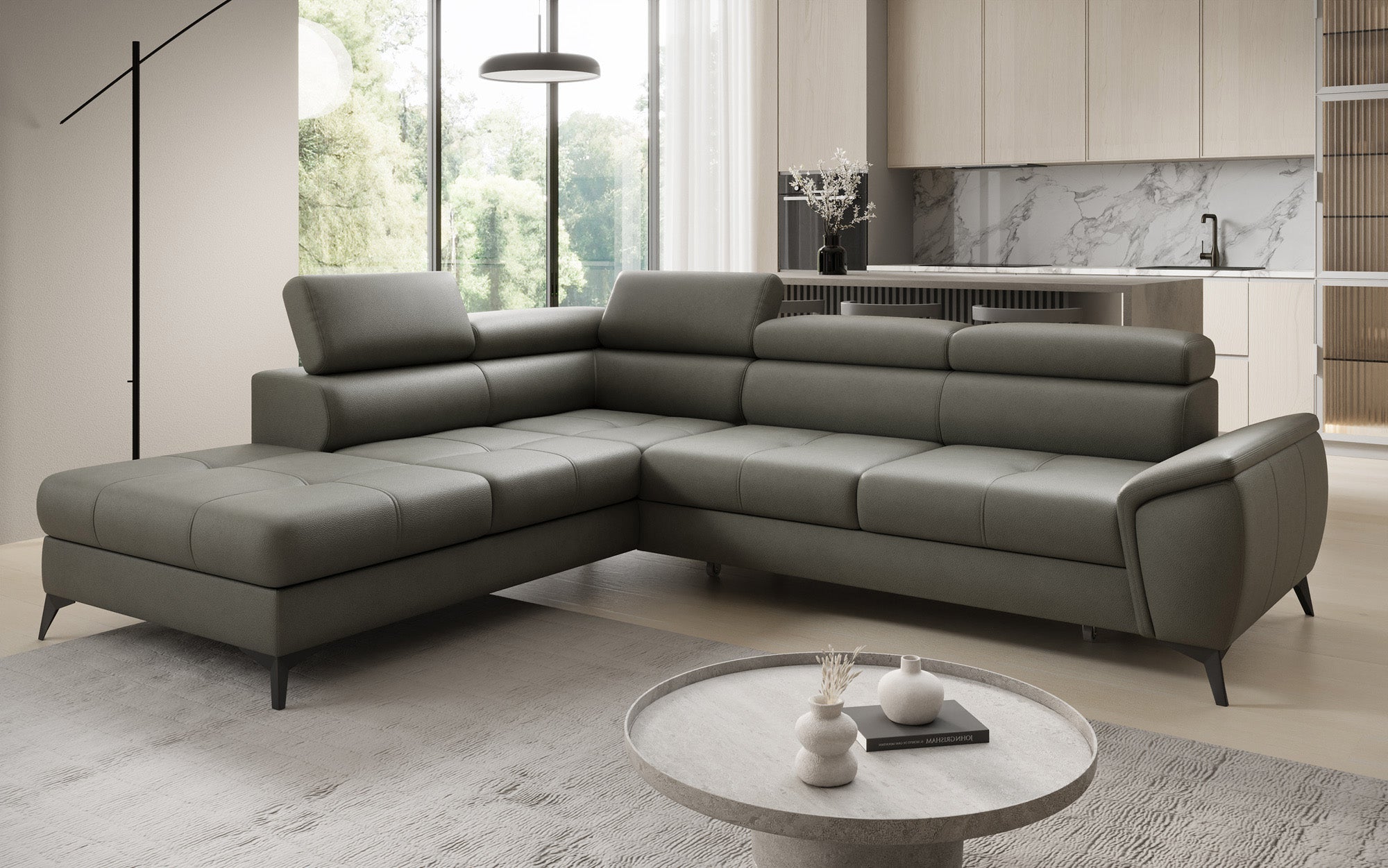 Designer L Sofa Aveline med sovefunktion og opbevaringsplads i ægte læder