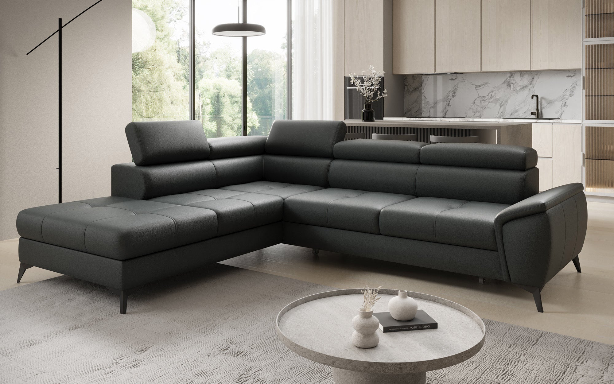 Designer L Sofa Aveline med sovefunktion og opbevaringsplads i ægte læder
