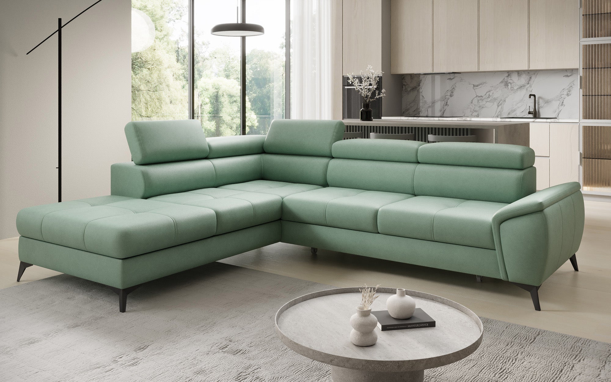 Designer L Sofa Aveline med sovefunktion og opbevaringsplads i ægte læder