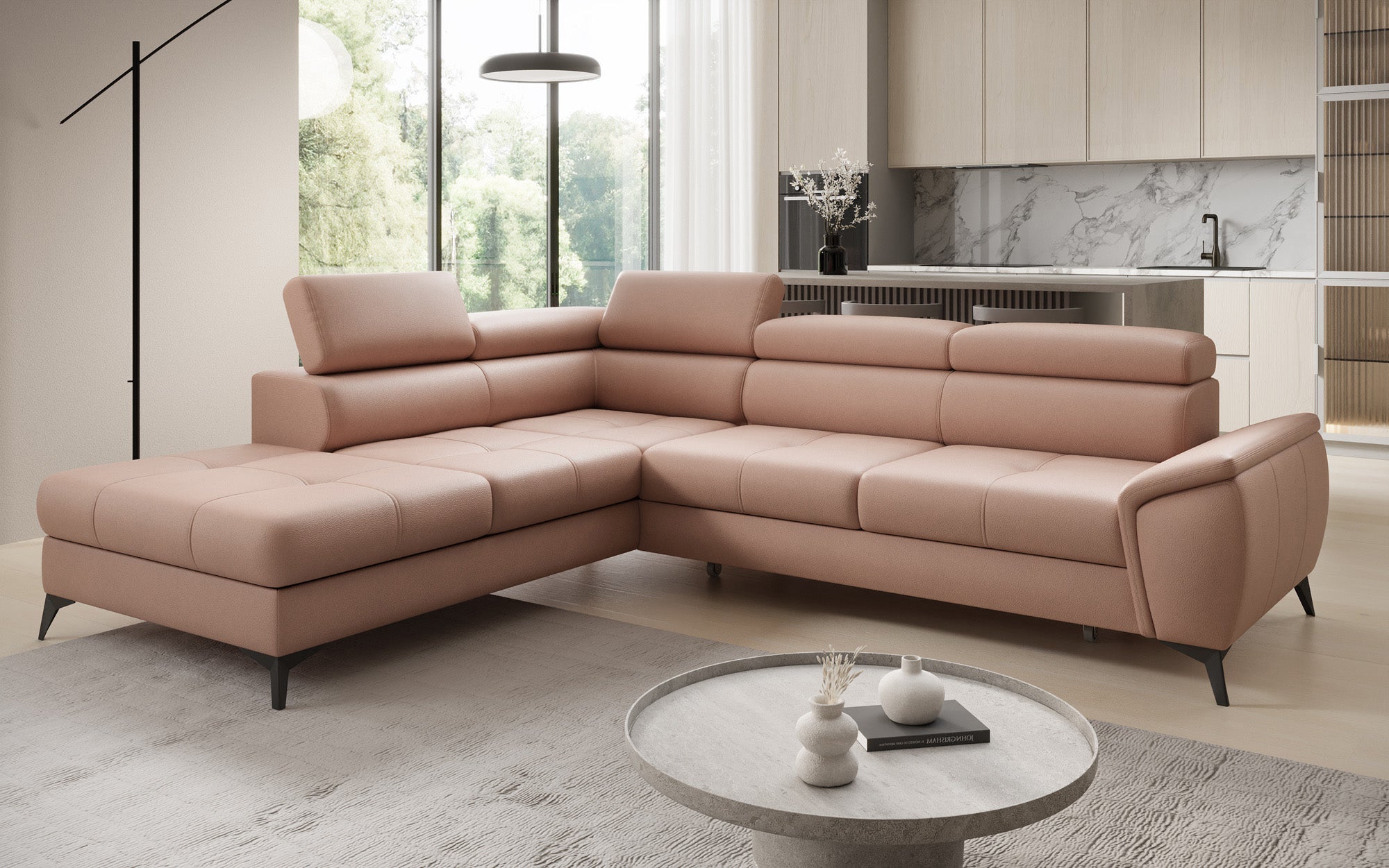 Designer L Sofa Aveline med sovefunktion og opbevaringsplads i ægte læder