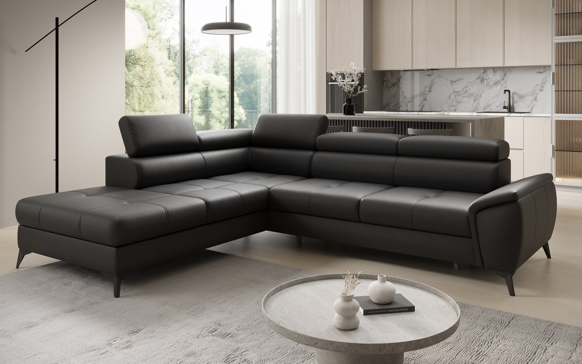 Designer L Sofa Aveline med sovefunktion og opbevaringsplads i ægte læder