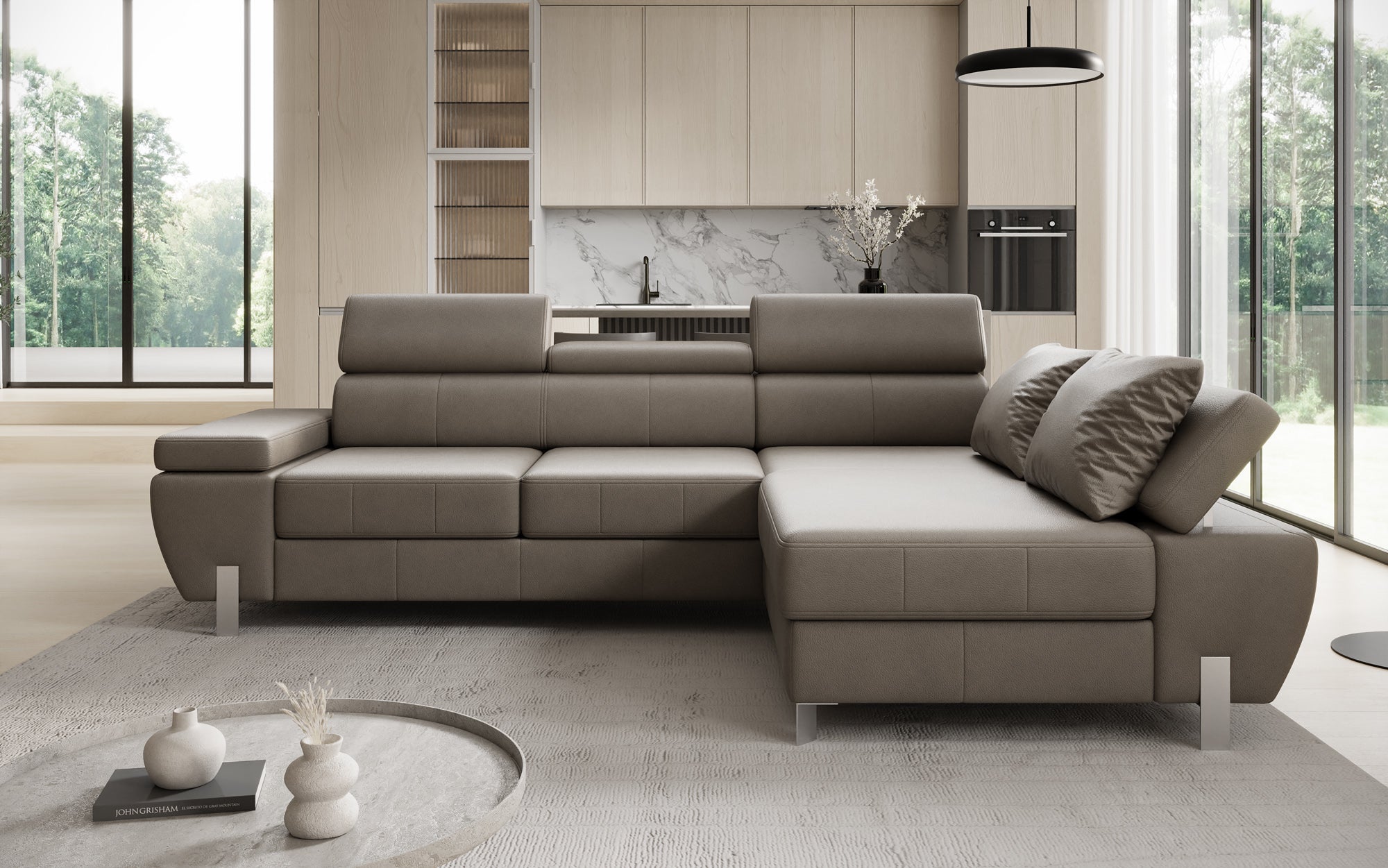 Designer L-sofa Calista med sovefunktion og opbevaringsplads i ægte læder