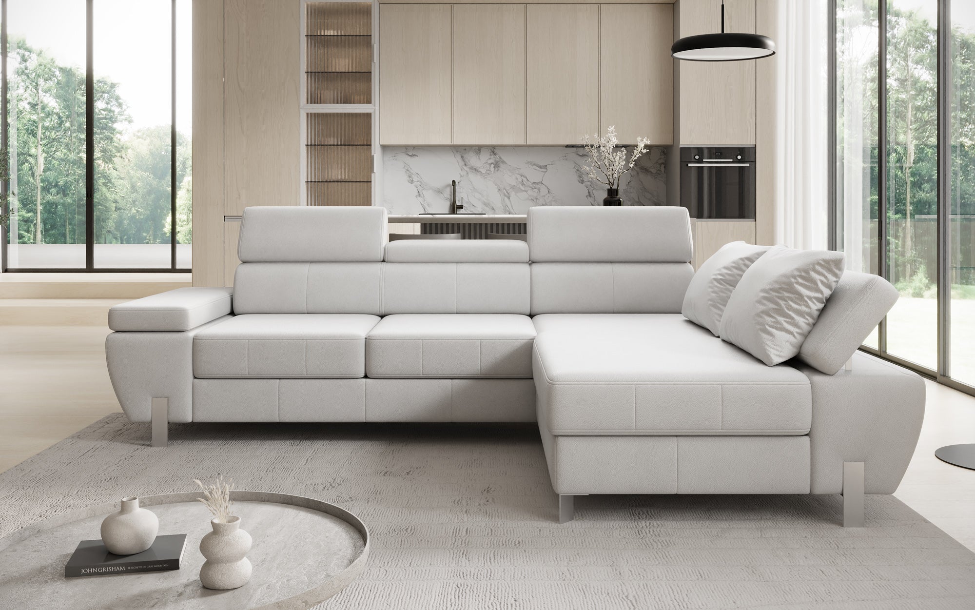 Designer L-sofa Calista med sovefunktion og opbevaringsplads i ægte læder