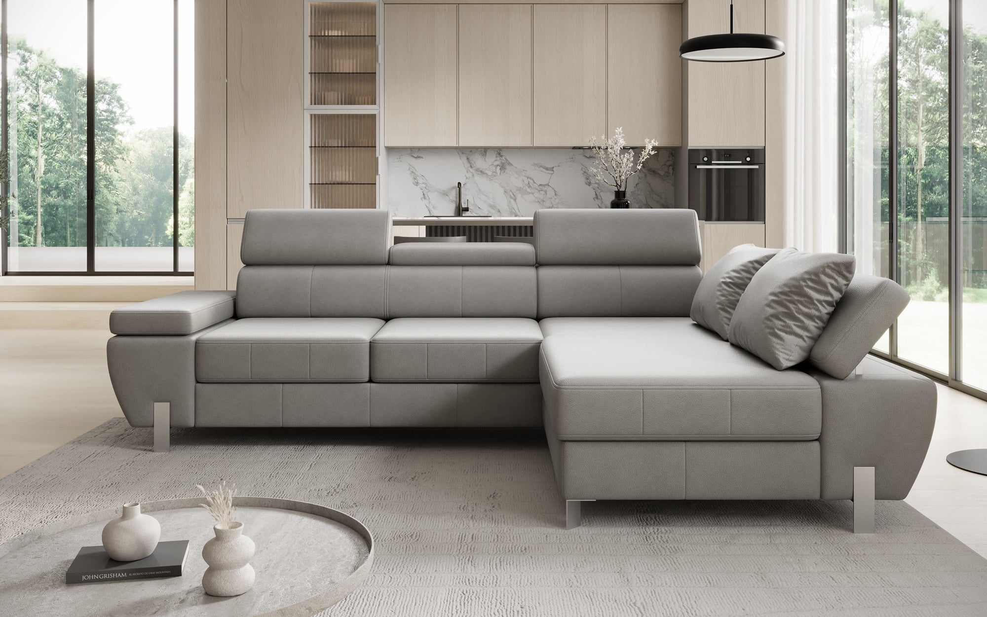 Designer L-sofa Calista med sovefunktion og opbevaringsplads i ægte læder
