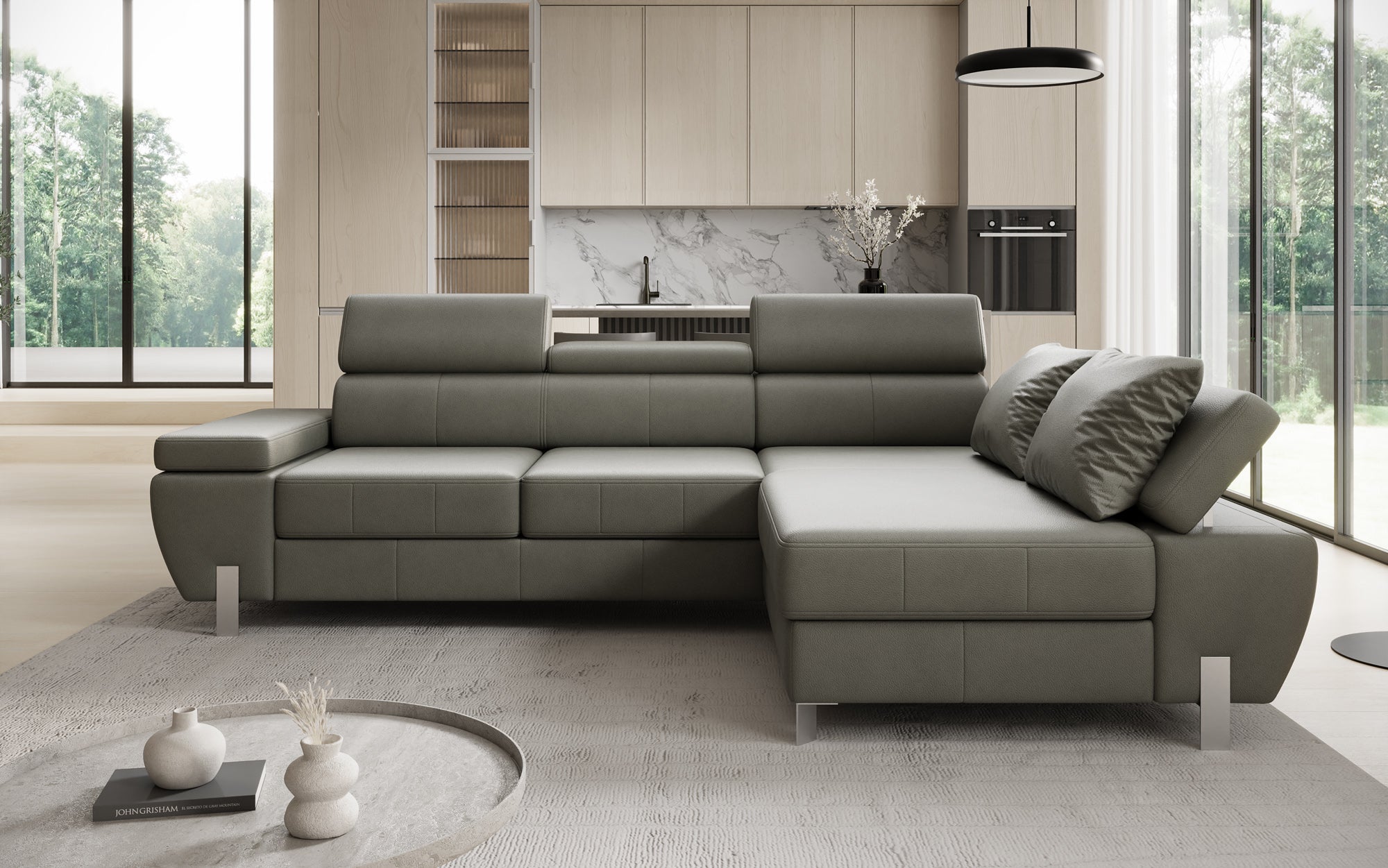 Designer L-sofa Calista med sovefunktion og opbevaringsplads i ægte læder
