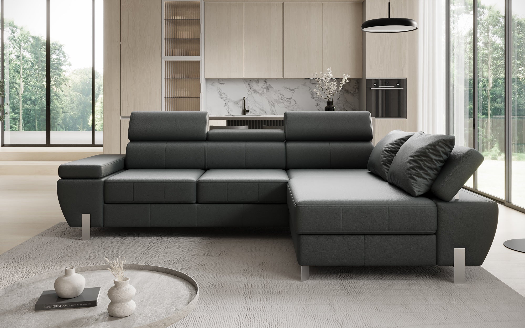 Designer L-sofa Calista med sovefunktion og opbevaringsplads i ægte læder