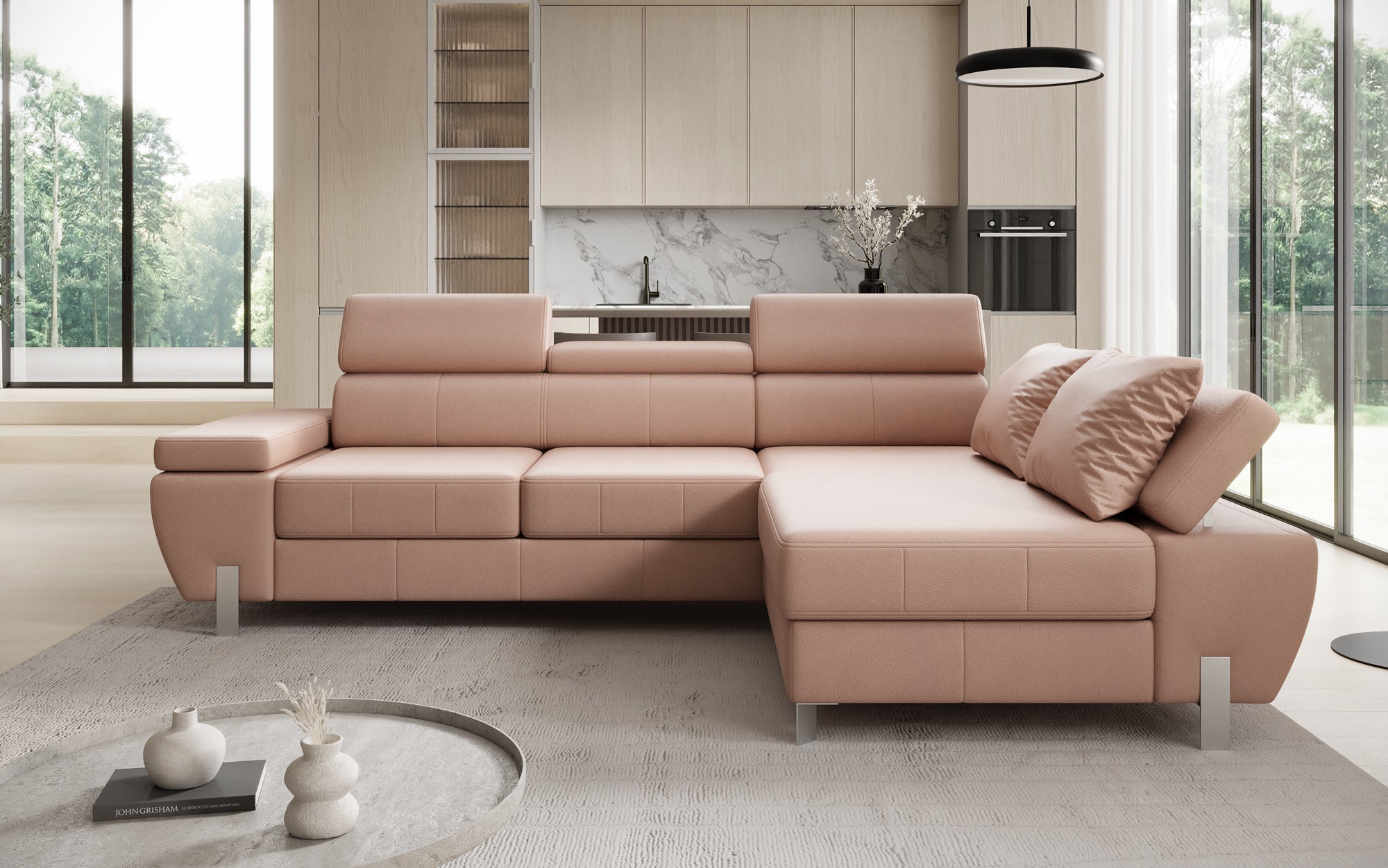 Designer L-sofa Calista med sovefunktion og opbevaringsplads i ægte læder