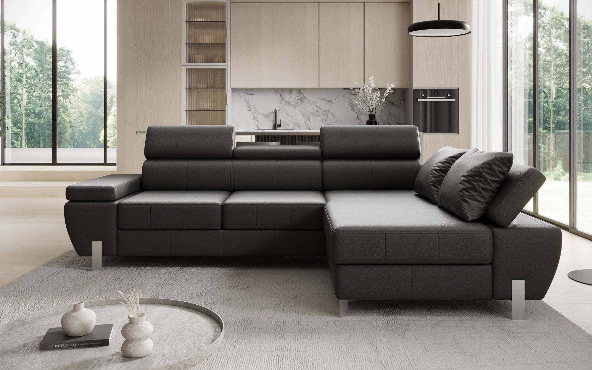 Designer L-sofa Calista med sovefunktion og opbevaringsplads i ægte læder