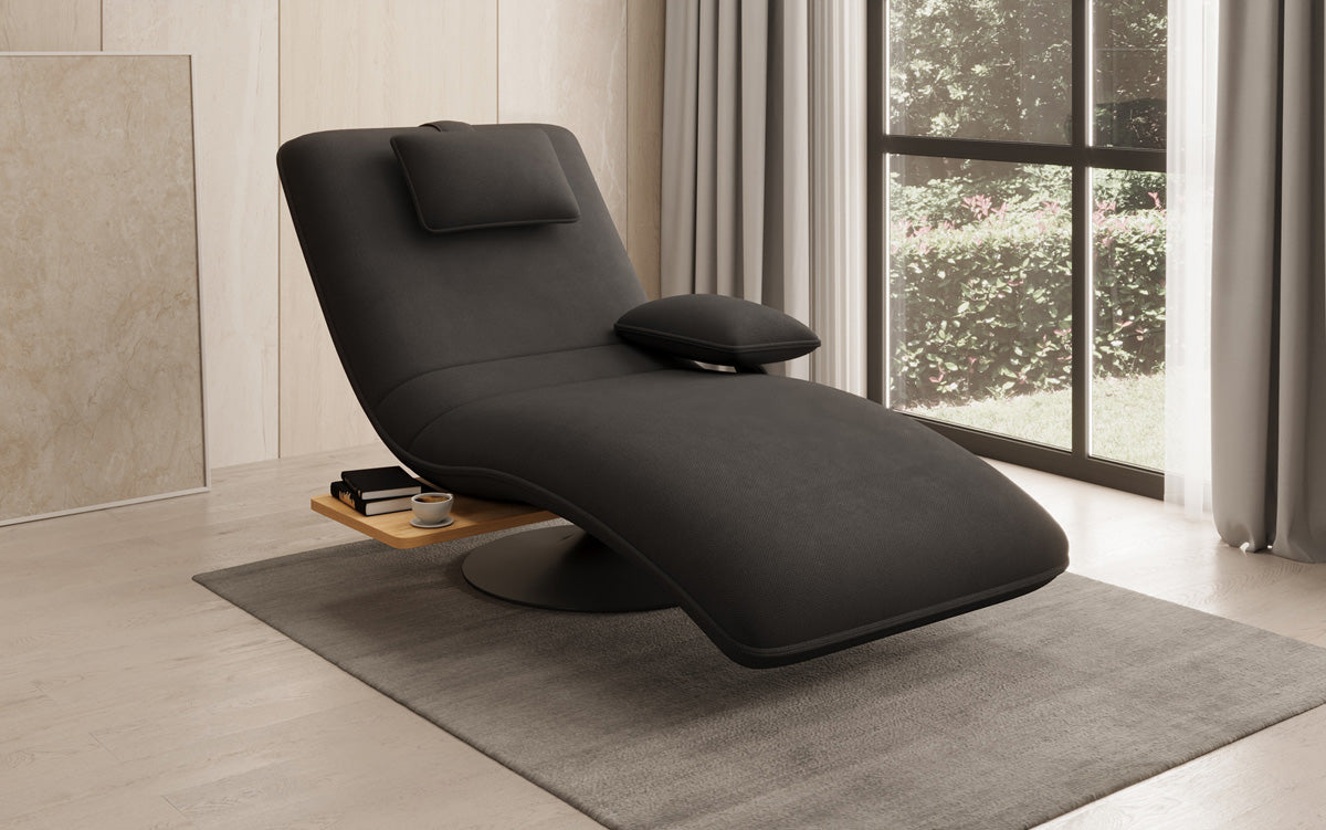 Designer afslapningsstol i velourstof med drejefunktion og sidebord