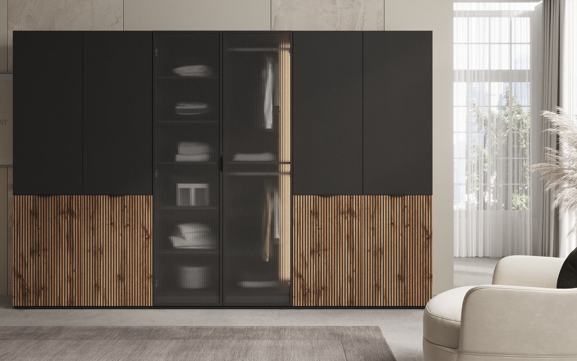 Modulo Serin – Tredelt design-garderobeskab med træ- og strukturglasfront