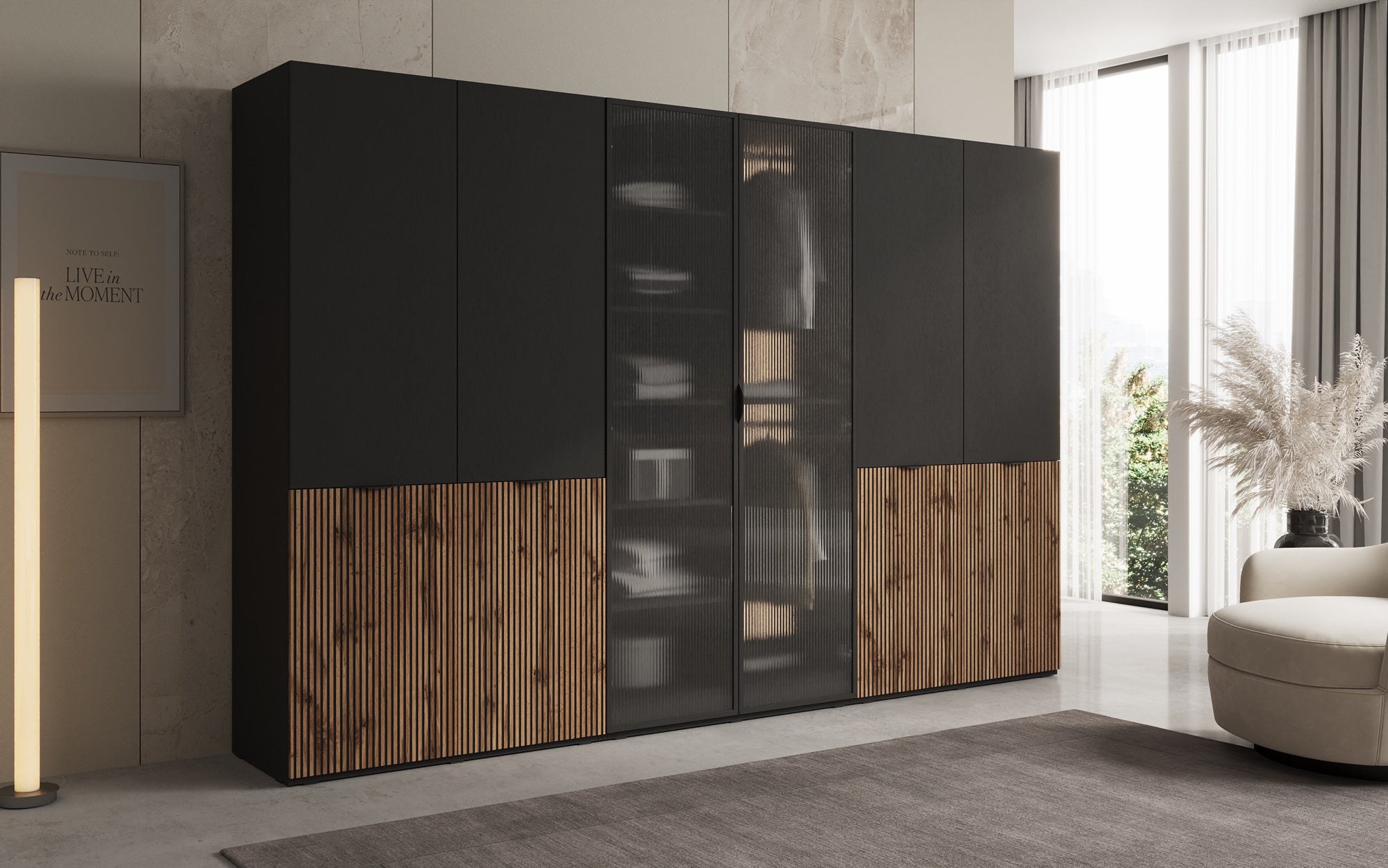 Modulo Serin – Tredelt design-garderobeskab med træ- og strukturglasfront
