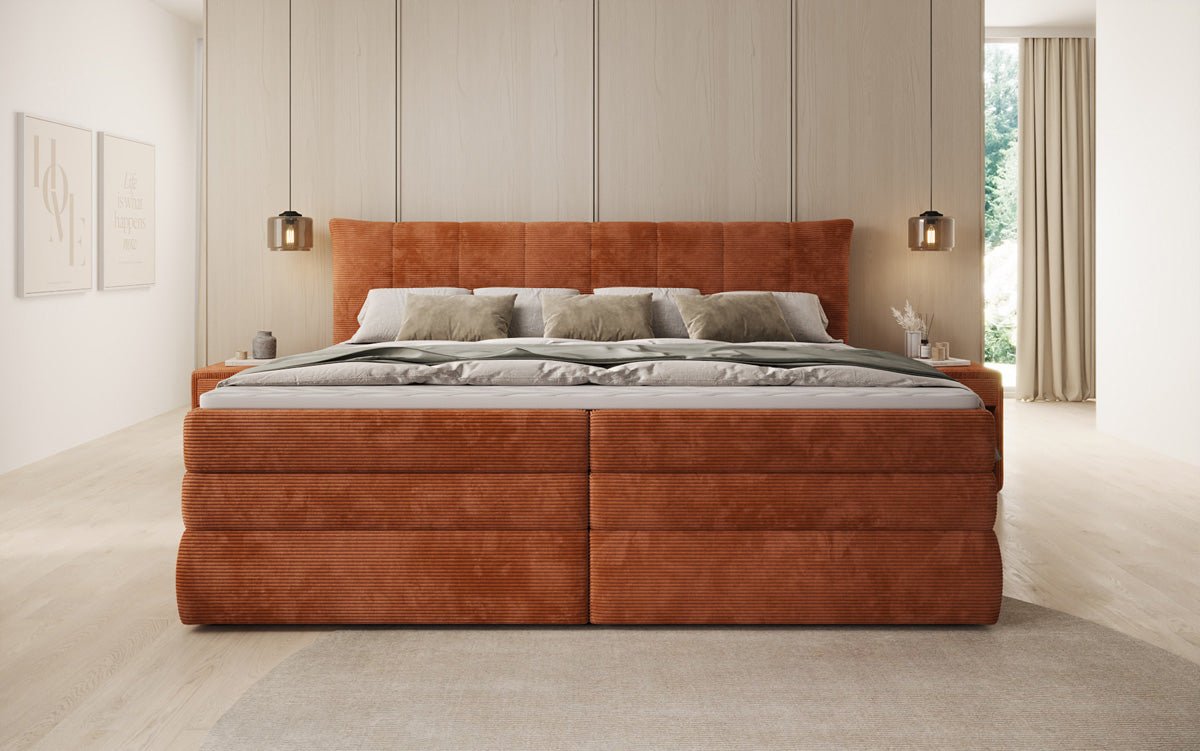 Familien Kontinentalseng Stella i 220/240x200 med opbevaring i Cordfløjl