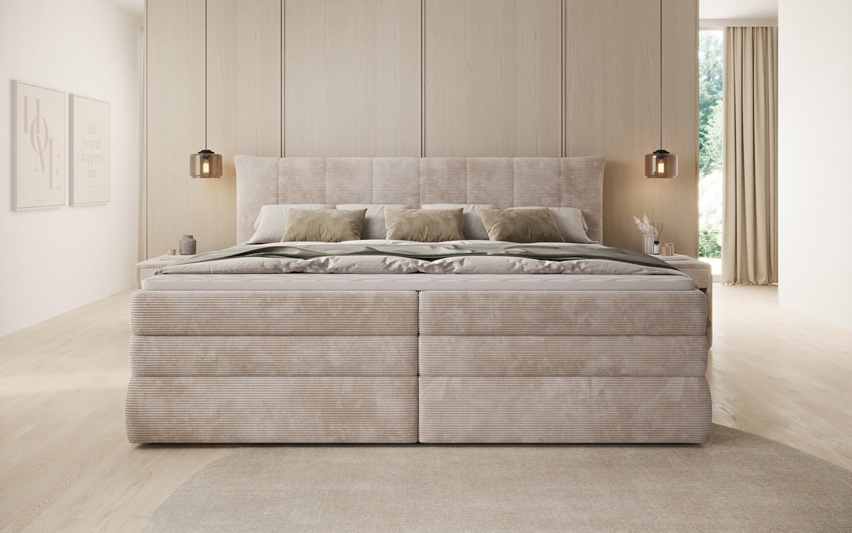 Familien Kontinentalseng Stella i 220/240x200 med opbevaring i Cordfløjl