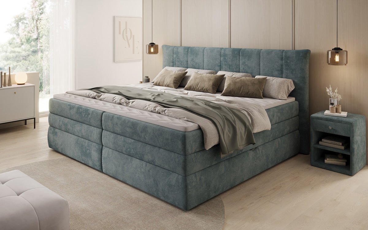 Familien Kontinentalseng Stella i 220/240x200 med opbevaring i Cordfløjl