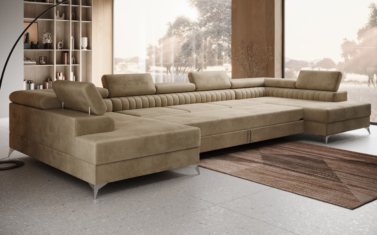 Designer Sofa Aurea U XXL med sove- og klapfunktion i Velour